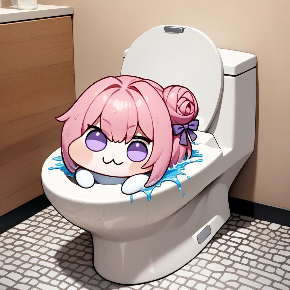 <lora:doro_xypher_amxl_v1:0.8> solo, doro, :3, chibi, solid circle eyes, no humans, white skin, creature, pink hair, purple eyes, single side bun, hair bow, bathroom, toilet bowl, wet, splashing, peeking out, messy, masterpiece, best quality