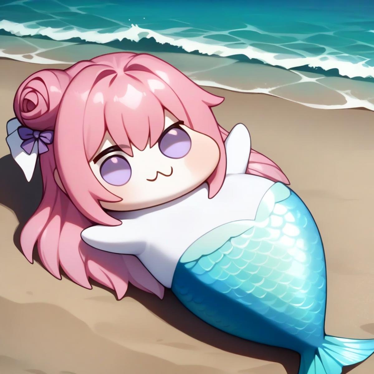 <lora:doro_xypher_amxl_v1:1> solo, doro \:3, chibi, solid circle eyes, no pupils, no humans, white skin, pink hair, purple eyes, single side bun, hair bow, creature, fat, obese, mermaid, lying, sea, beach, masterpiece, best quality, very aesthetic, absurdres