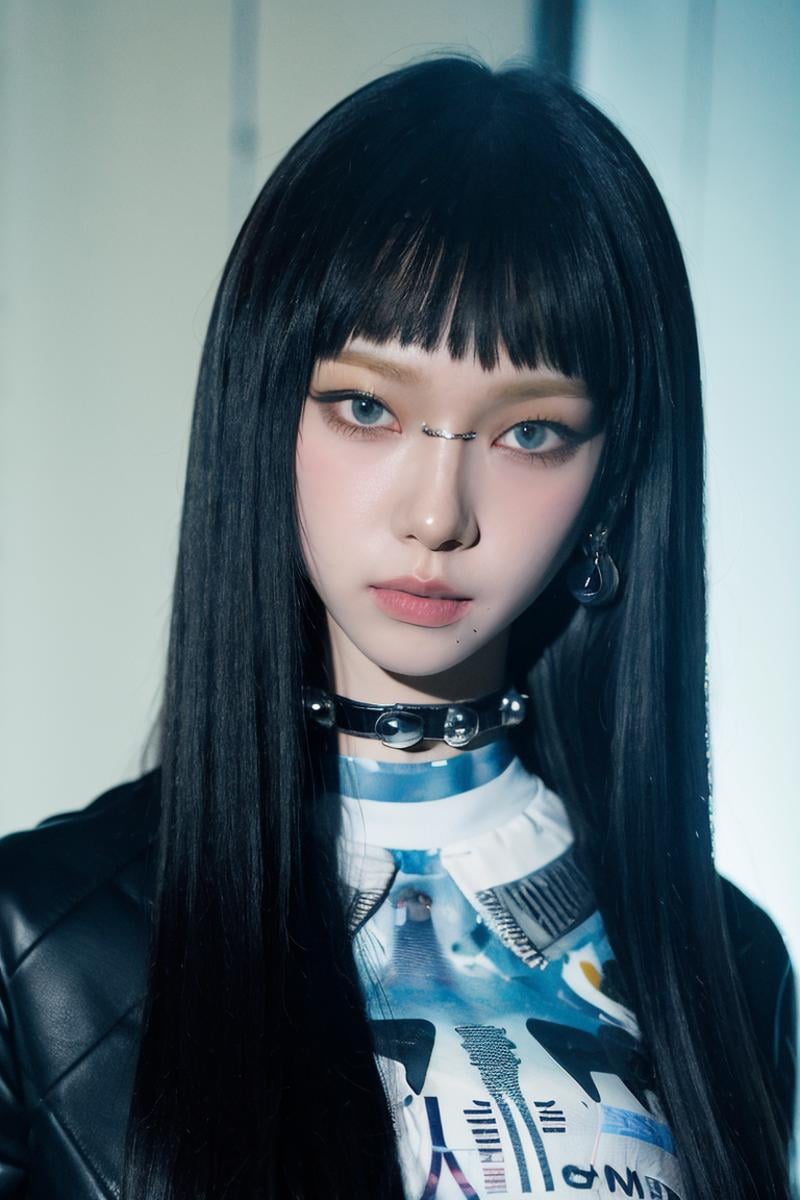 (4k, best quality, highres:1.1), (masterpiece:1.1),  1girl, solo, detailed eyes, black hair, jacket, black jacket, bangs, looking at viewer, parted lips, upper body, long hair, shirt, choker, blunt bangs, black eyes, (mole under mouth:0.3),unreal void background,