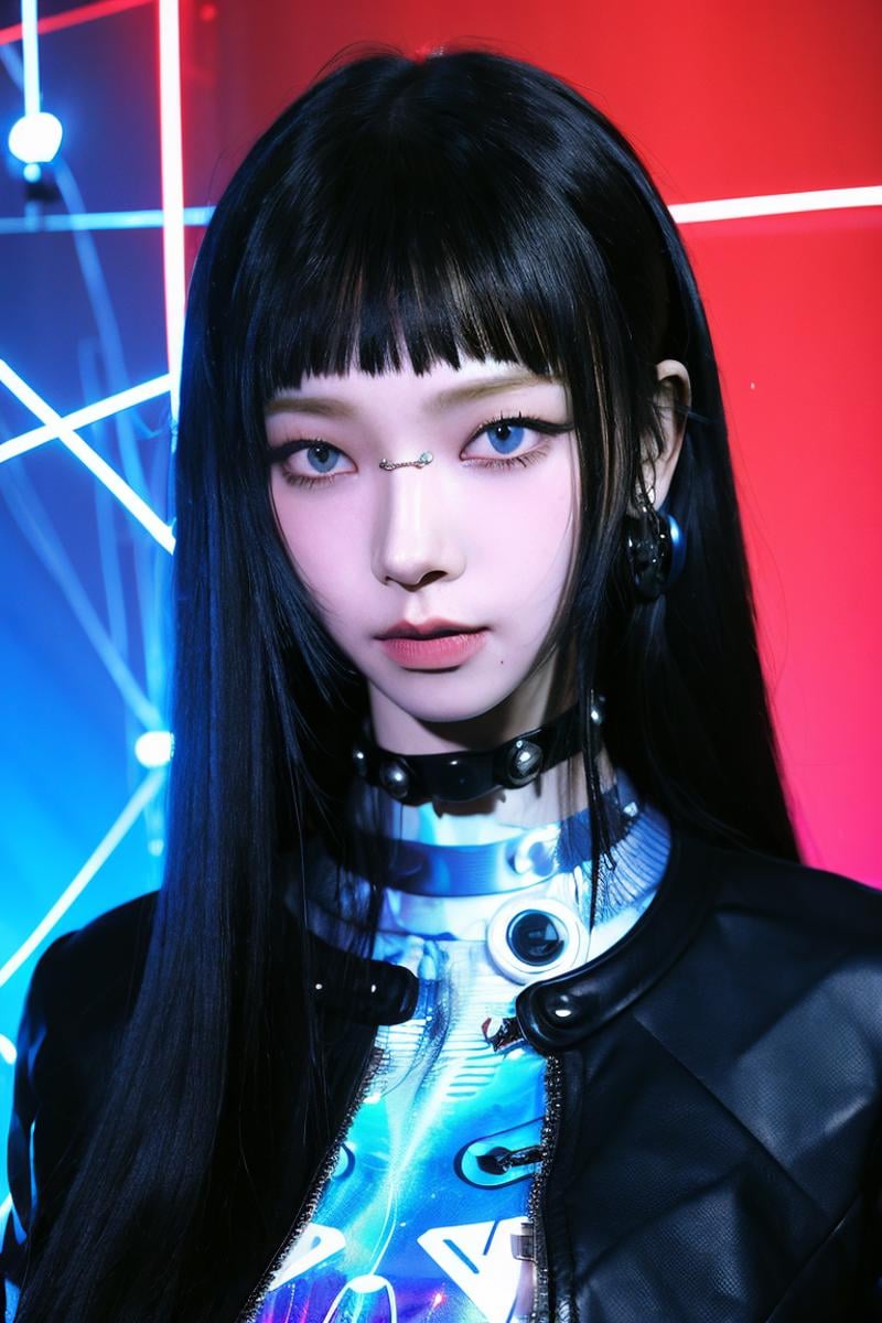 (4k, best quality, highres:1.1), (masterpiece:1.1), cyberpunk,1girl, black hair, solo, cyberpunk, looking at viewer, science fiction, bangs, lips, long hair, blunt bangs, realistic, black eyes, unreal void background, 