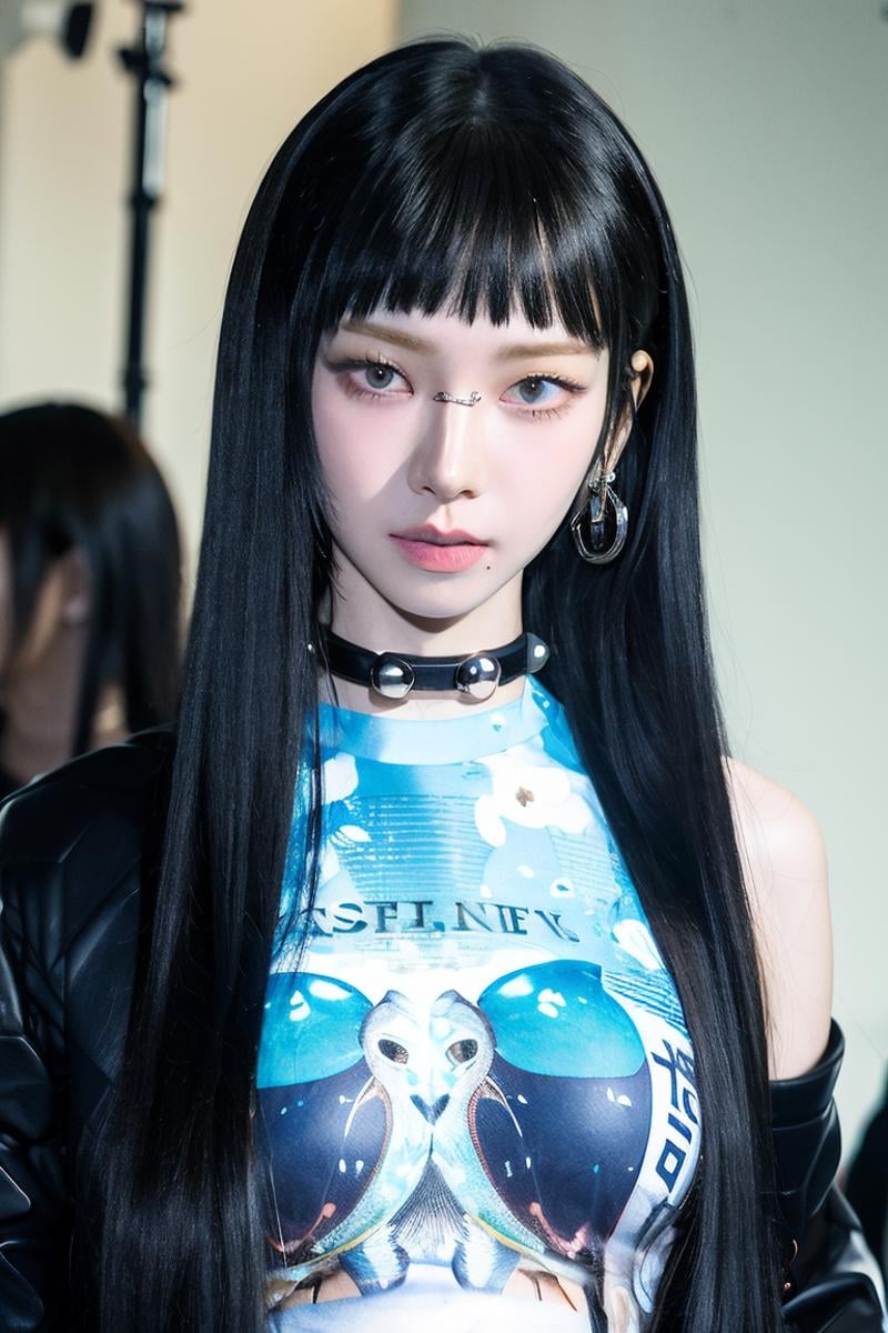 (4k, best quality, highres:1.1), (masterpiece:1.1),  1girl, solo, detailed eyes, black hair, jacket, black jacket, bangs, looking at viewer, parted lips, upper body, long hair, shirt, choker, blunt bangs, black eyes, (mole under mouth:0.3),unreal void background,