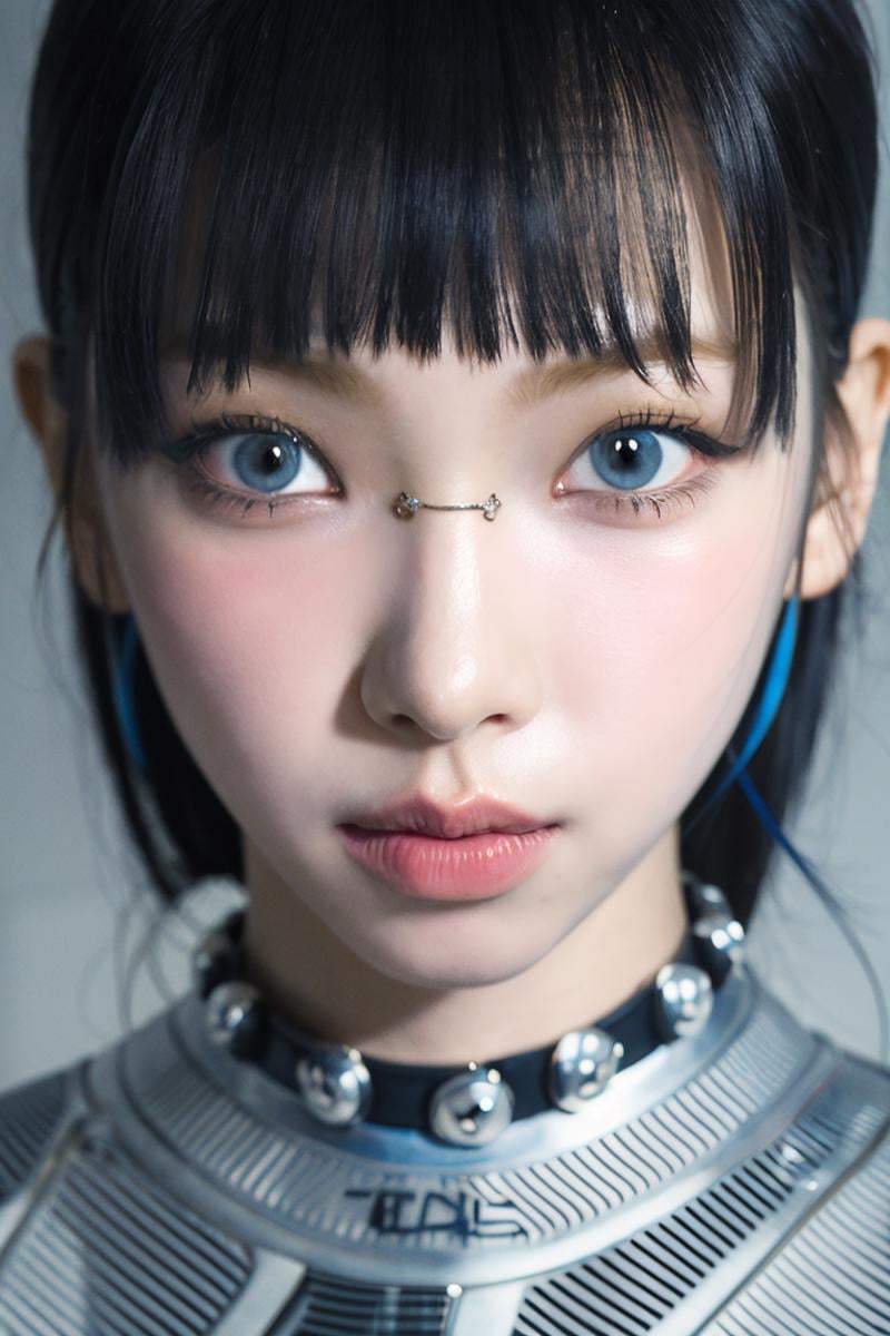 (4k, best quality, highres:1.1), (masterpiece:1.1),  solo, 1girl, piercing, looking at viewer, close-up, bangs, portrait, black hairunreal void background, 