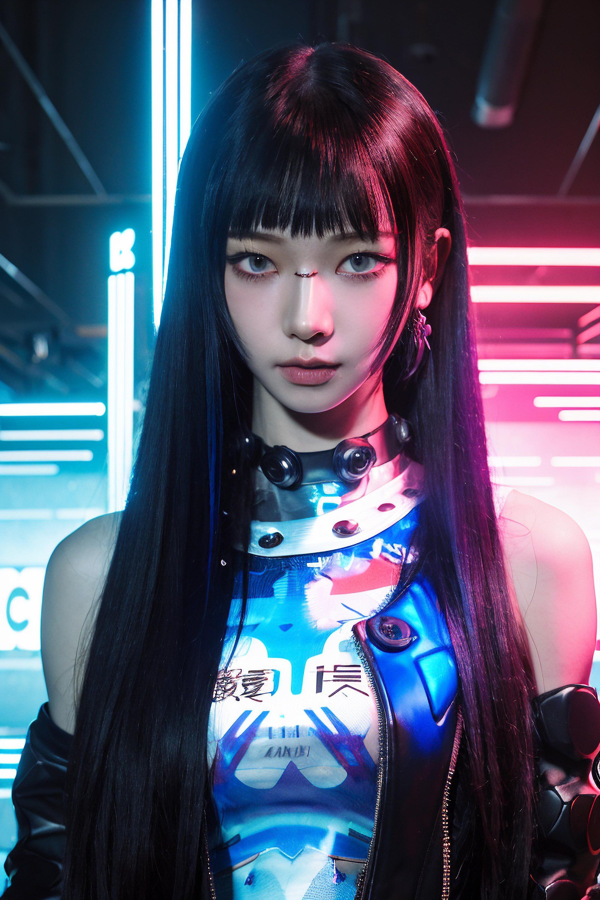 (4k, best quality, highres:1.1), (masterpiece:1.1), 1girl, black hair, long hair, looking at viewer, cyberpunk,gradient hair,