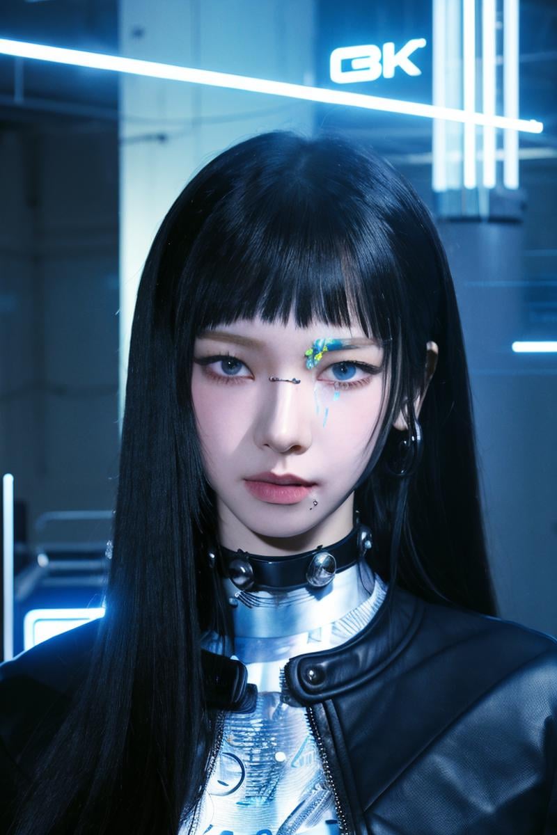 (4k, best quality, highres:1.1), (masterpiece:1.1), cyberpunk,1girl, black hair, solo, cyberpunk, looking at viewer, science fiction, bangs, lips, long hair, blunt bangs, realistic, black eyes, unreal void background, 