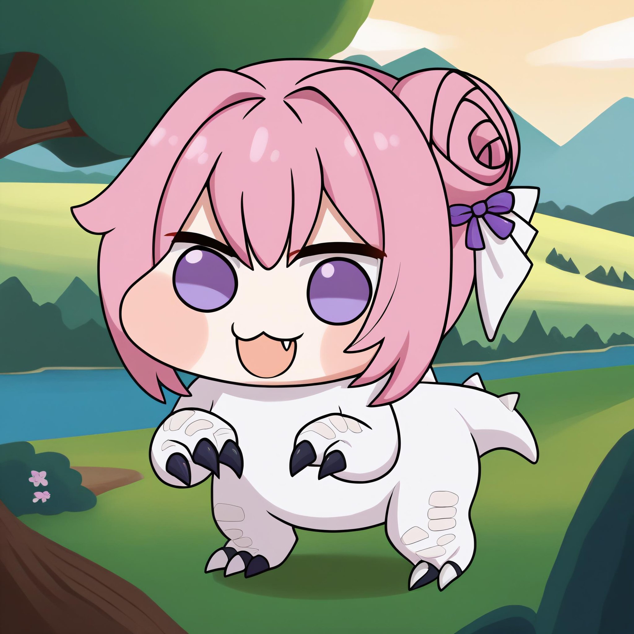 <lora:Doro_X_PDXL_V1:0.9>  doro, creature, :3, chibi, no humans, pink hair, purple eyes, hair bun, hair bow, scenery, fantasy landscape, white skin, giant creature, tyrannosaurus rex, fang, standing, claws