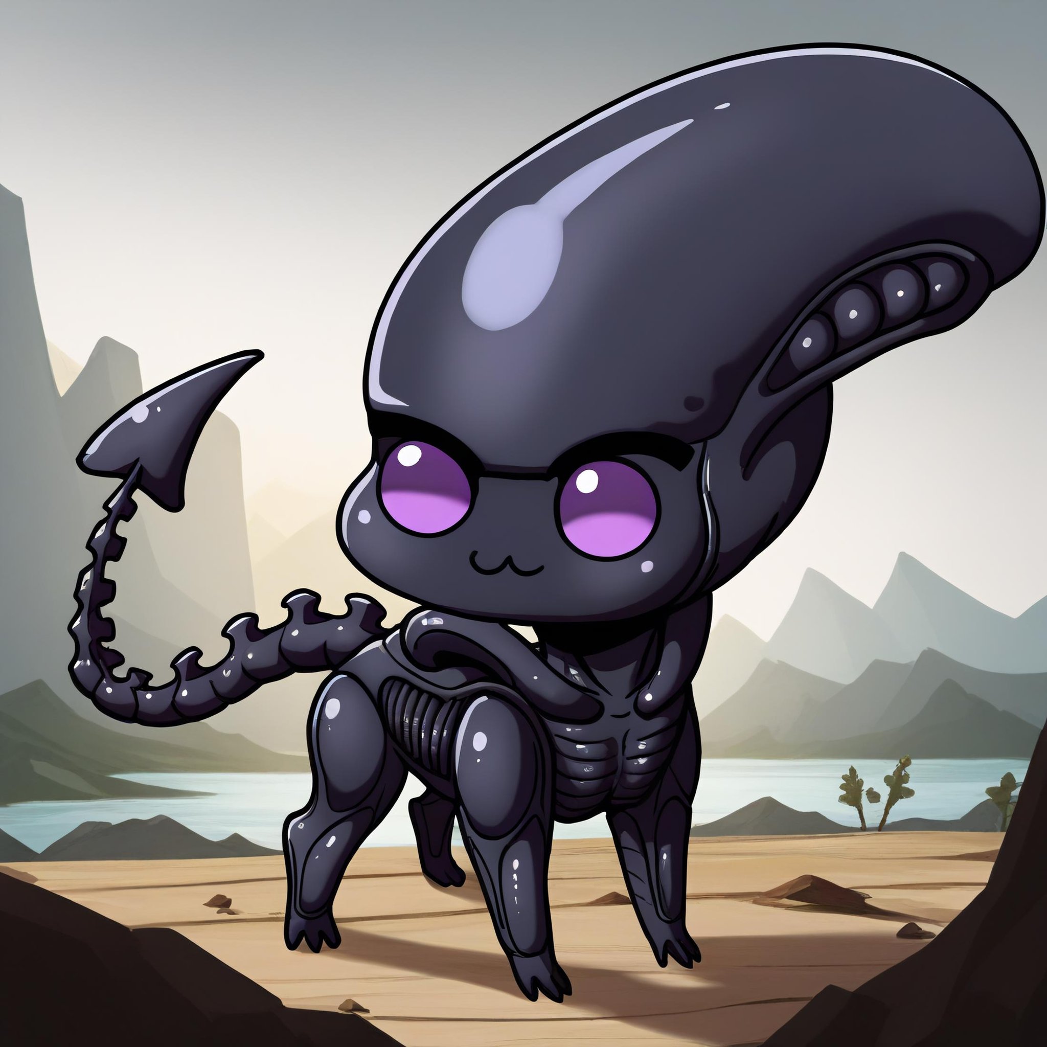 <lora:Doro_X_PDXL_V1:1> score_9  BREAK source_cartoon, creature, chibi, :3, four legs, xenomorph, purple eyes, scenery, science fiction landscape