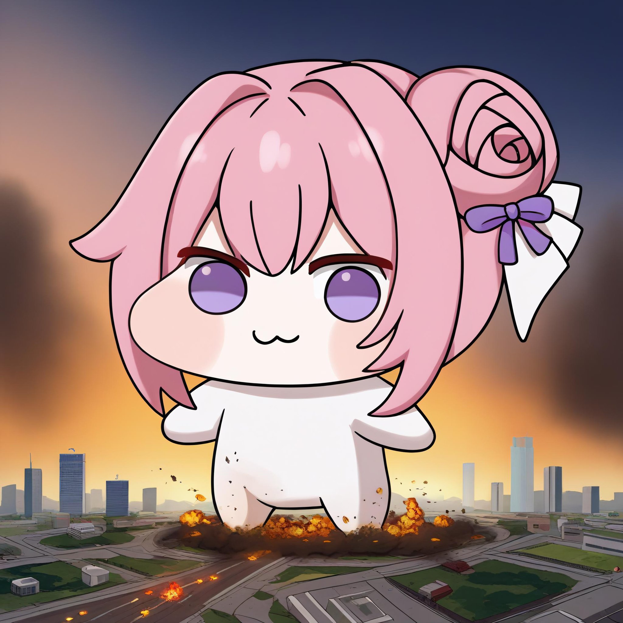 <lora:Doro_X_PDXL_V1:0.9> score_9  BREAK source_cartoon, a rampaging  giant doro terrorizing a tiny city, creature, chibi, :3, no humans, pink hair, purple eyes, hair bun, hair bow, white skin, giant creature, embers, smoke, destruction, standing, from below, scenery, miniature city