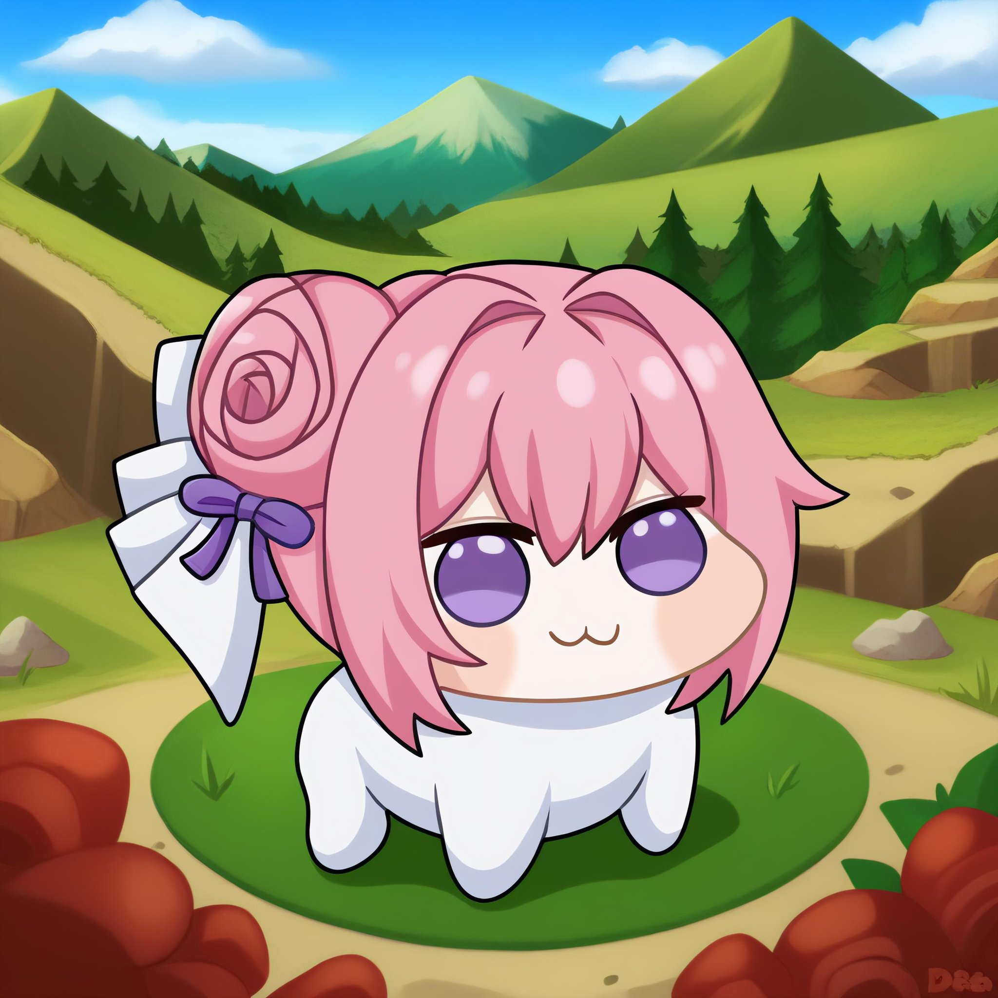 <lora:Doro_X_PDXL_V1:0.9>  solo, doro, creature, ;3, chibi, pink hair, purple eyes, hair bun, hair bow, scenery, fantasy landscape, herd, white skin