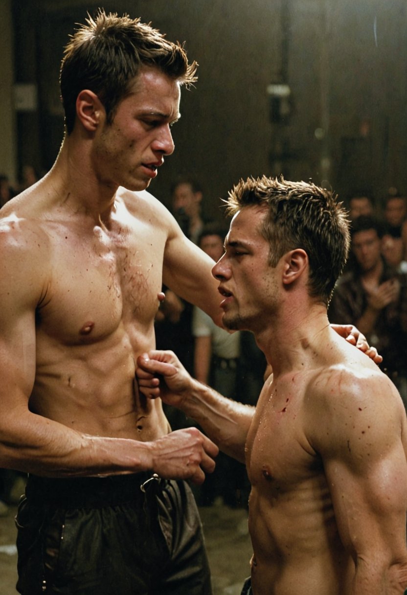 Dynamic angle, Fight club, combat, 25yo boys, anguish, dramatic, cinematic,  dark, dire,  