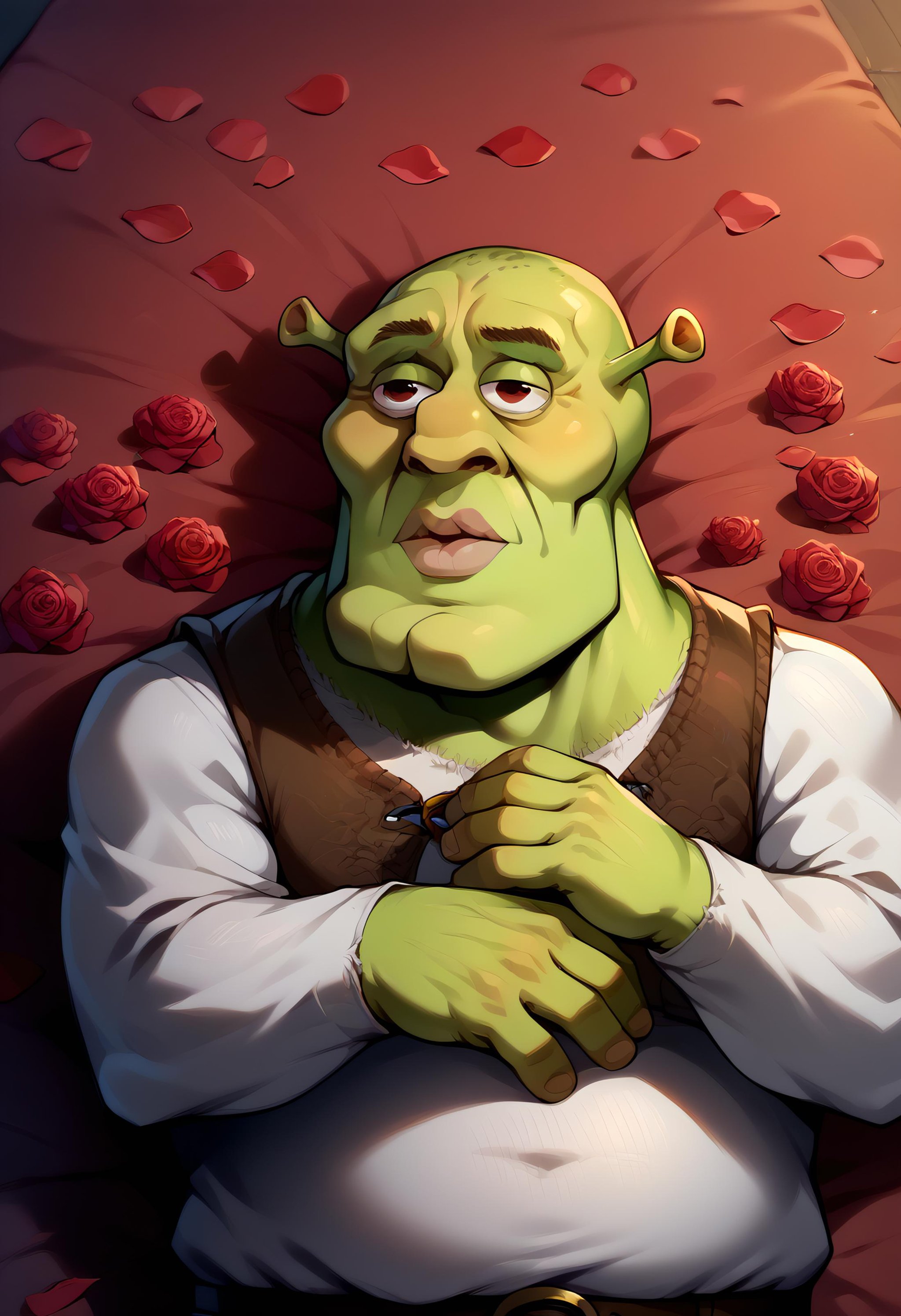 <lora:handsomize_x_pdxl_v1:1.2> score_9, score_8_up, score_7_up BREAK handsomize, <lora:Shrek_XLPD:0.9> shrek, manly, lying, roses, petals, sparkle