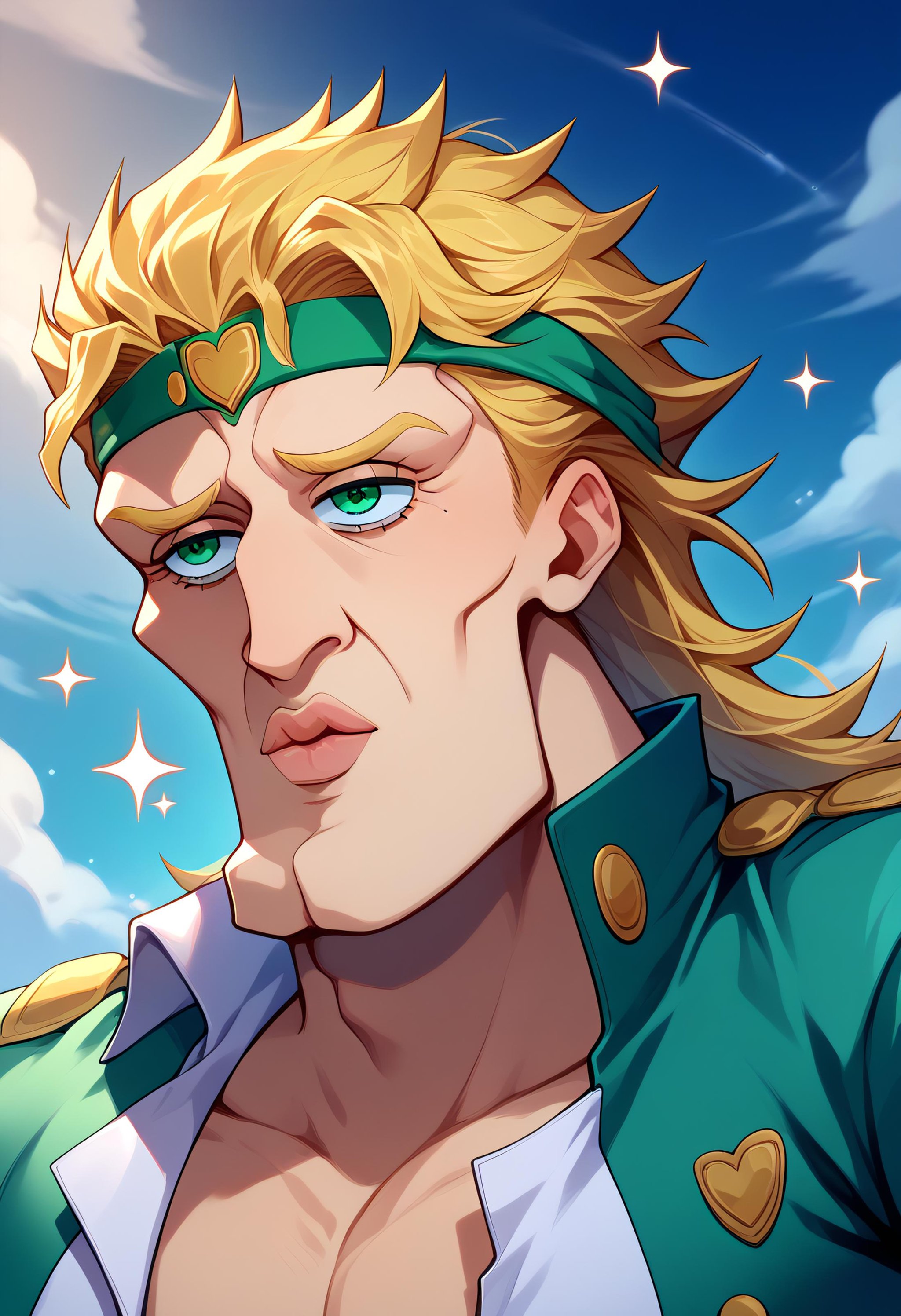 score_9, score_8_up, score_7_up, BREAK <lora:Handsomize_PDXL_V1B3:1> handsomize, kujo jotaro, dio brando, jojo no kimyou na bouken, blonde hair, green headband, sparkle