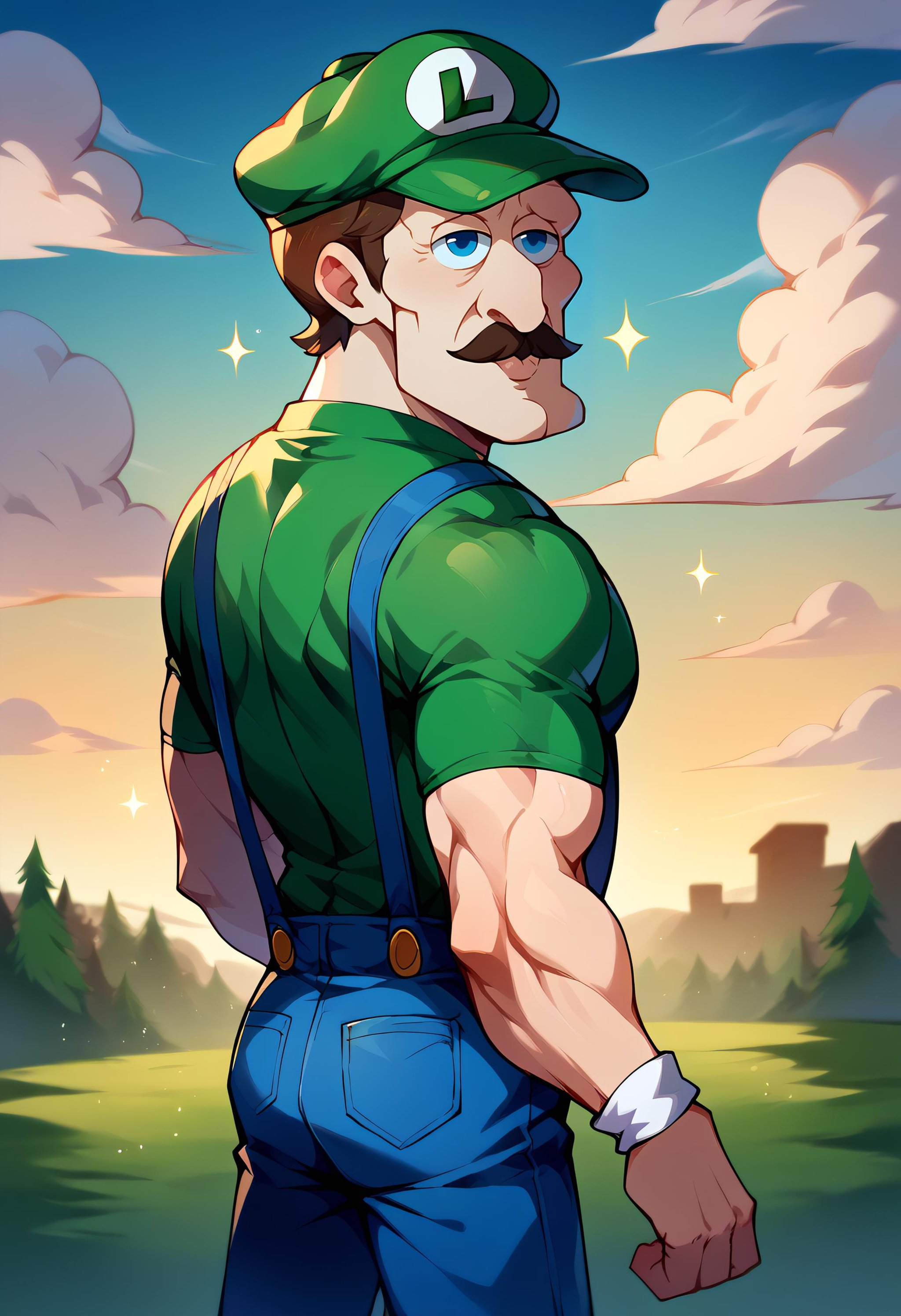 score_9, score_8_up, score_7_up, BREAK <lora:Handsomize_PDXL_V1B3:1.2> handsomize, outdoors, sparkle, luigi, brown hair, blue eyes, green hat, mustache, green shirt, blue suspenders, nintendo, muscular