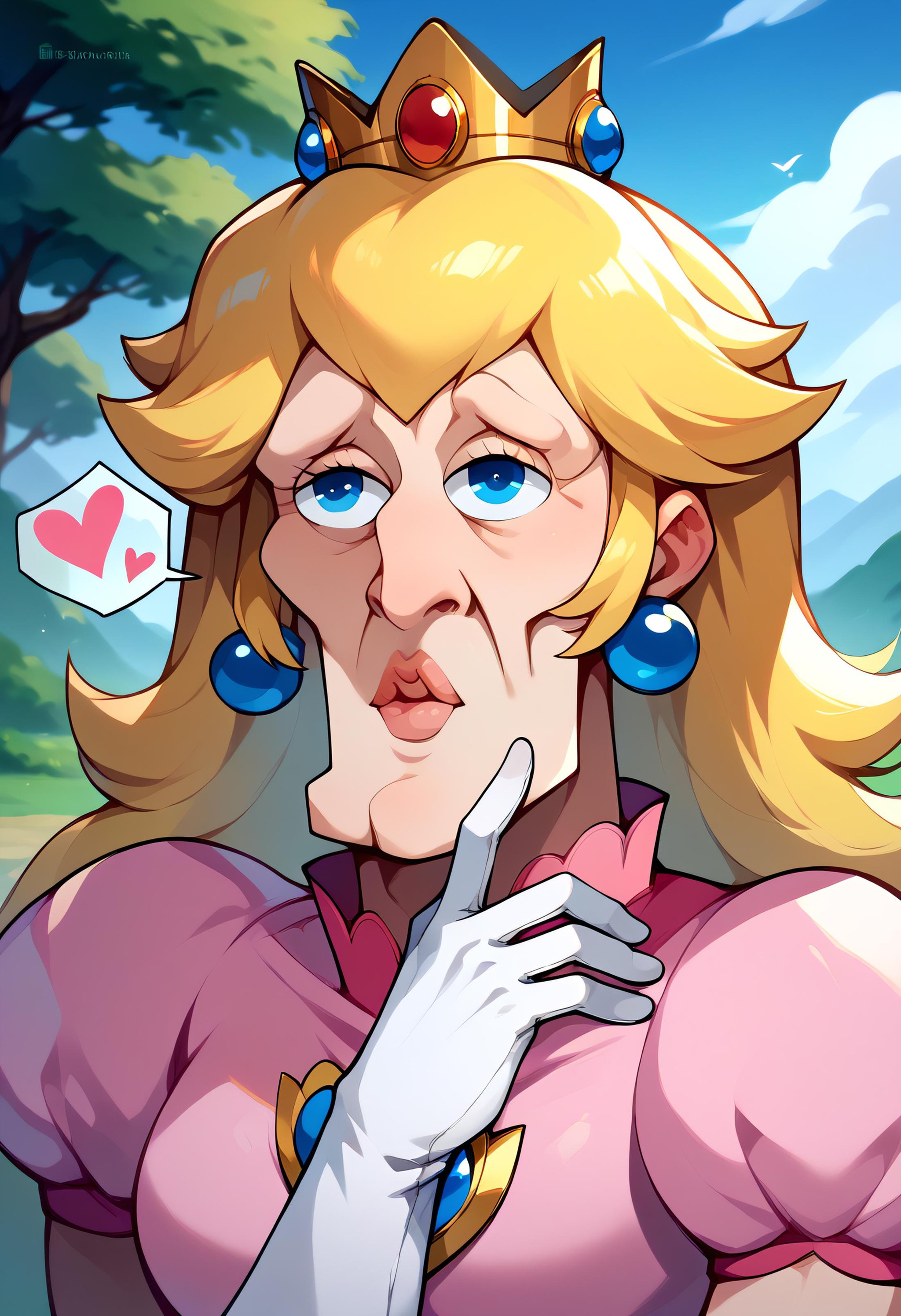 <lora:handsomize_x_pdxl_v1:1.2> score_9, score_8_up, score_7_up BREAK handsomize, upper body, princess peach, nintendo, hand on chest, white gloves, outdoors, manly, blowing kiss, heart