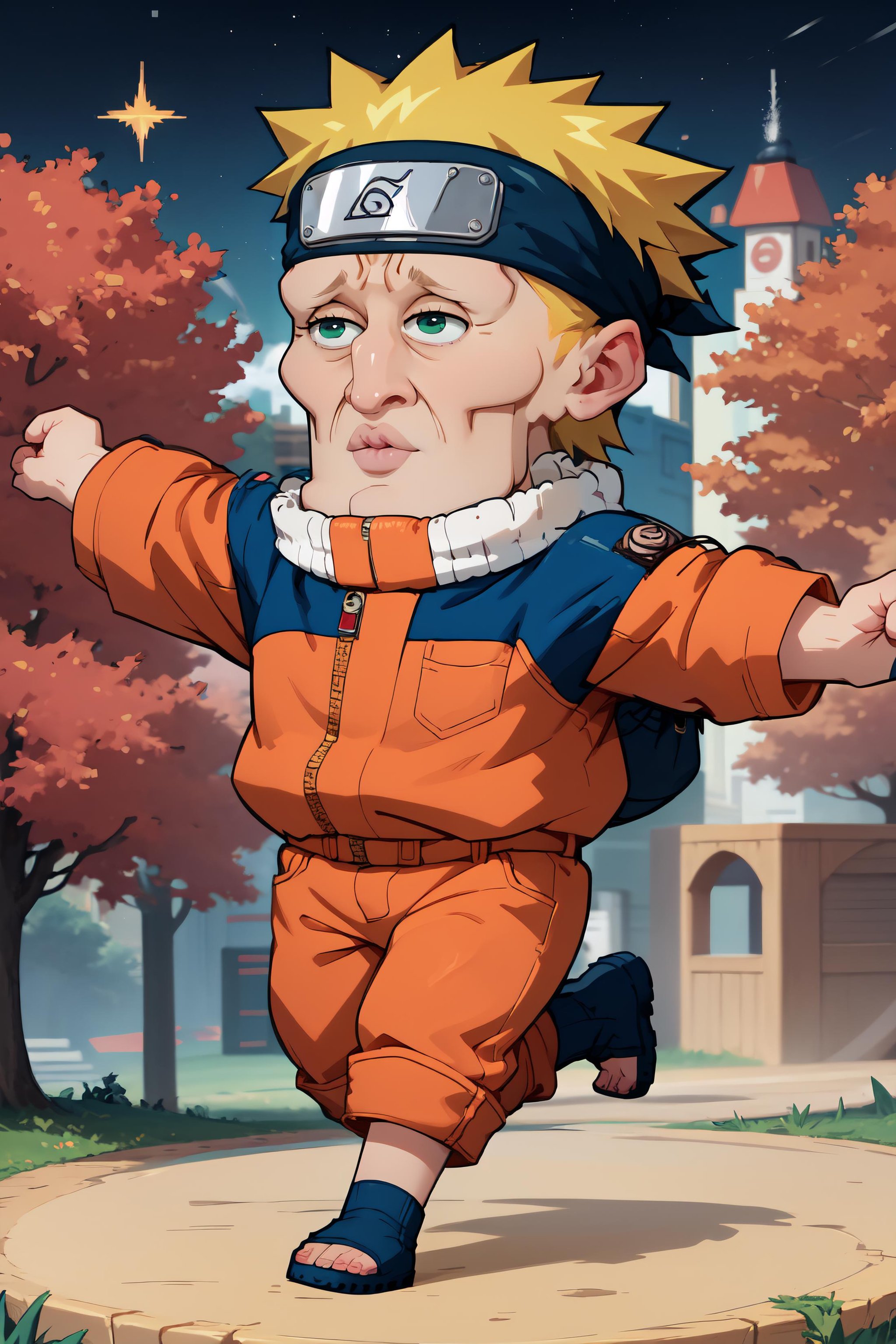 <lora:Handsomize_NAI_V1A6:1.1> masterpiece, best quality, handsomize, sparkle,  <lora:Naruto-Konan:0.9> uzumaki naruto,  chibi, fat, running, outstretched arms, naruto run, orange jumpsuit, headband, speed