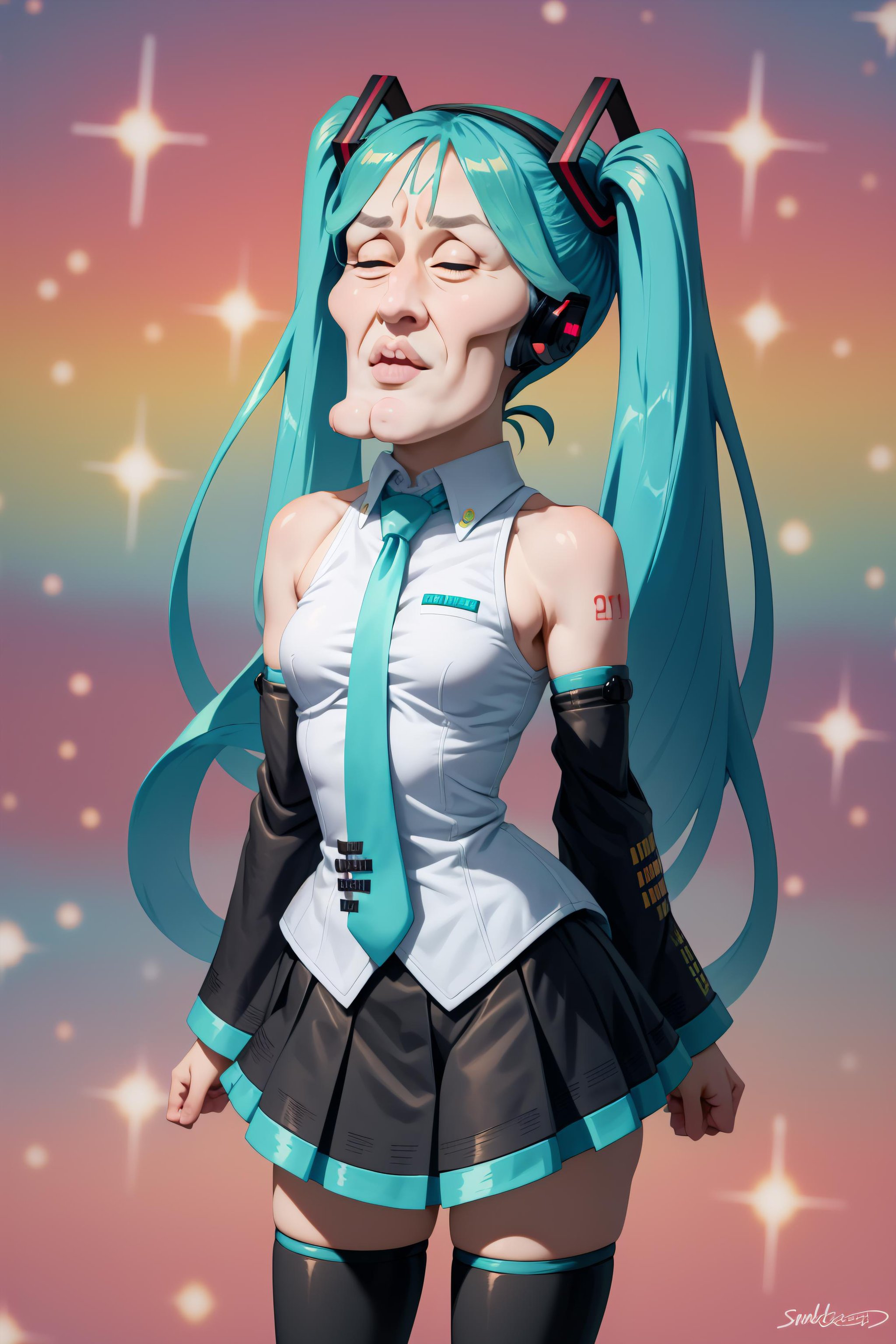 <lora:Handsomize_NAI_V1A6:1.0> masterpiece, best quality, handsomize, sparkle, 1girl, hatsune miku, twintails, aqua hair, <lora:FabulousSecretPowersMeme:0.9> IncrsSecretPower, solo, closed eyes, v arms <lora:hatsunemiku1:0.8> mikudef, anime