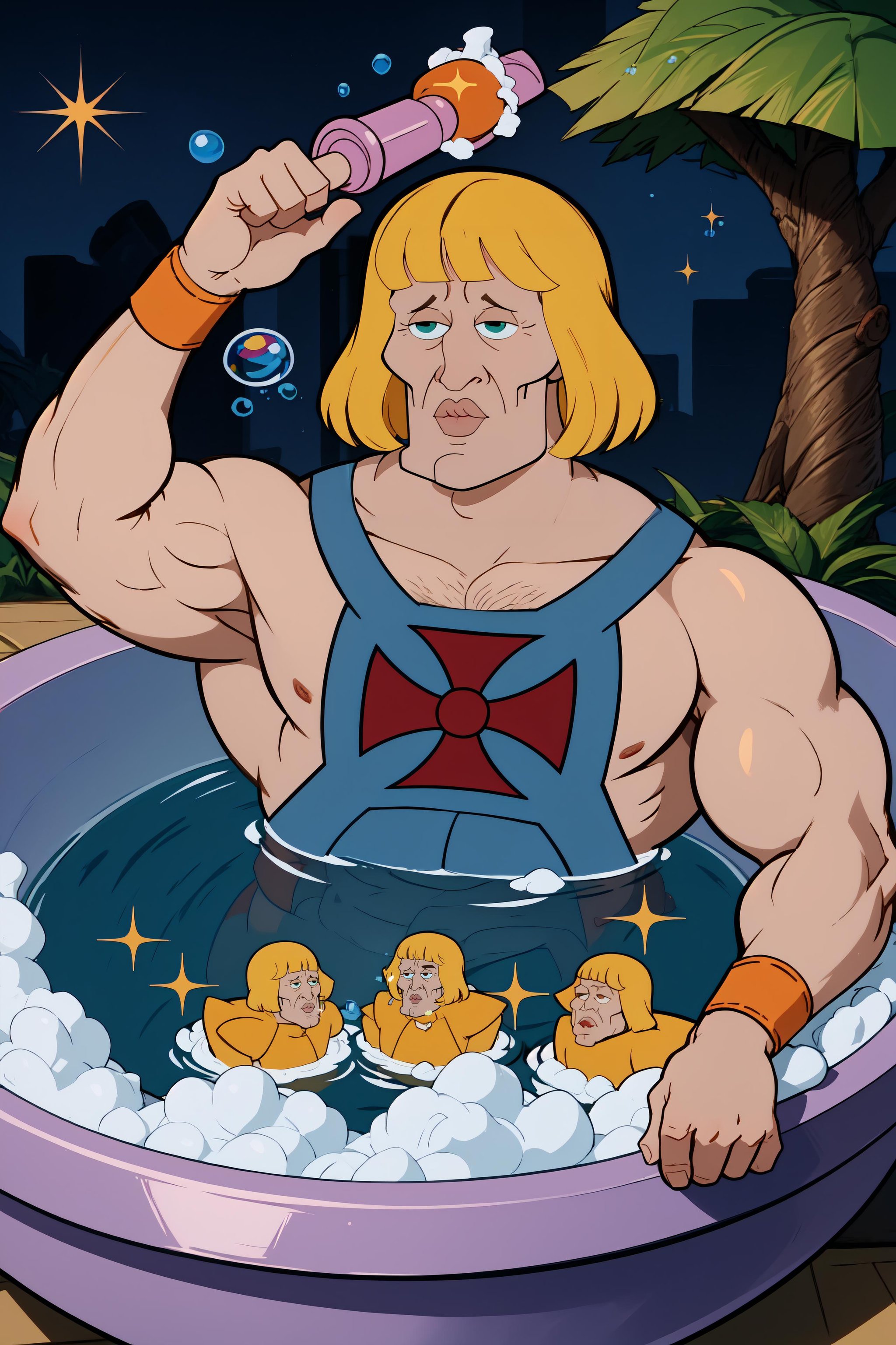 <lora:Handsomize_NAI_V1A6:1.1> masterpiece, best quality, handsomize, sparkle,  <lora:he-man_offset:0.9> he-man, muscular, parody, style parody, abs, blonde hair, blunt bangs, wristband, retro artstyle, manly, upper body, orange hair, bangs, bathtub, bubble bath, reclined, rubber duck, toys, playing with toys, soap, bubbles, scenery, pov, hand up