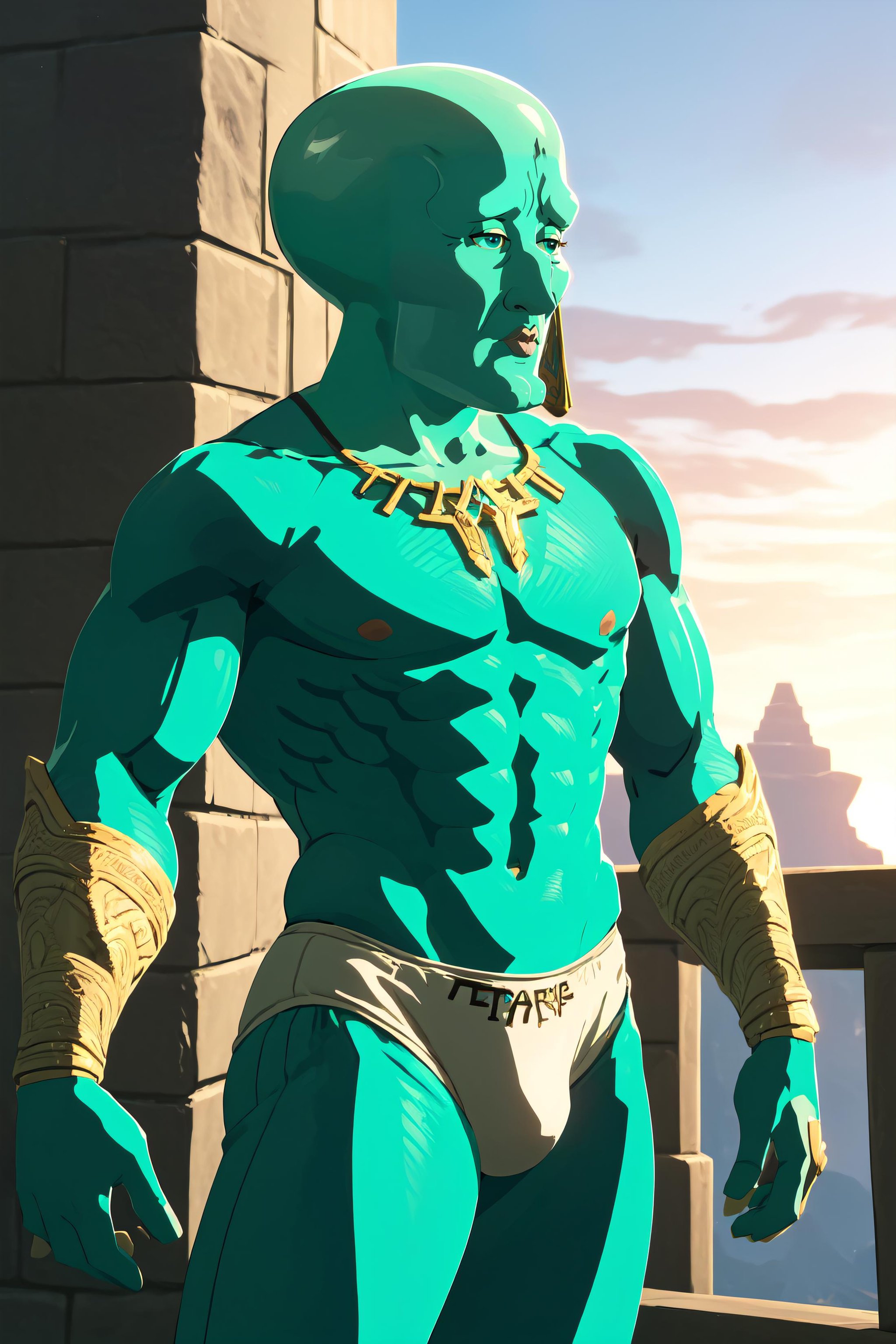 <lora:Handsomize_NAI_V1A6:1.0> masterpiece, best quality, handsomize, sparkle, colored skin, blue skin, bald <lora:botw_style_offset:1.0> botw style, cowboy shot, muscular, underwear