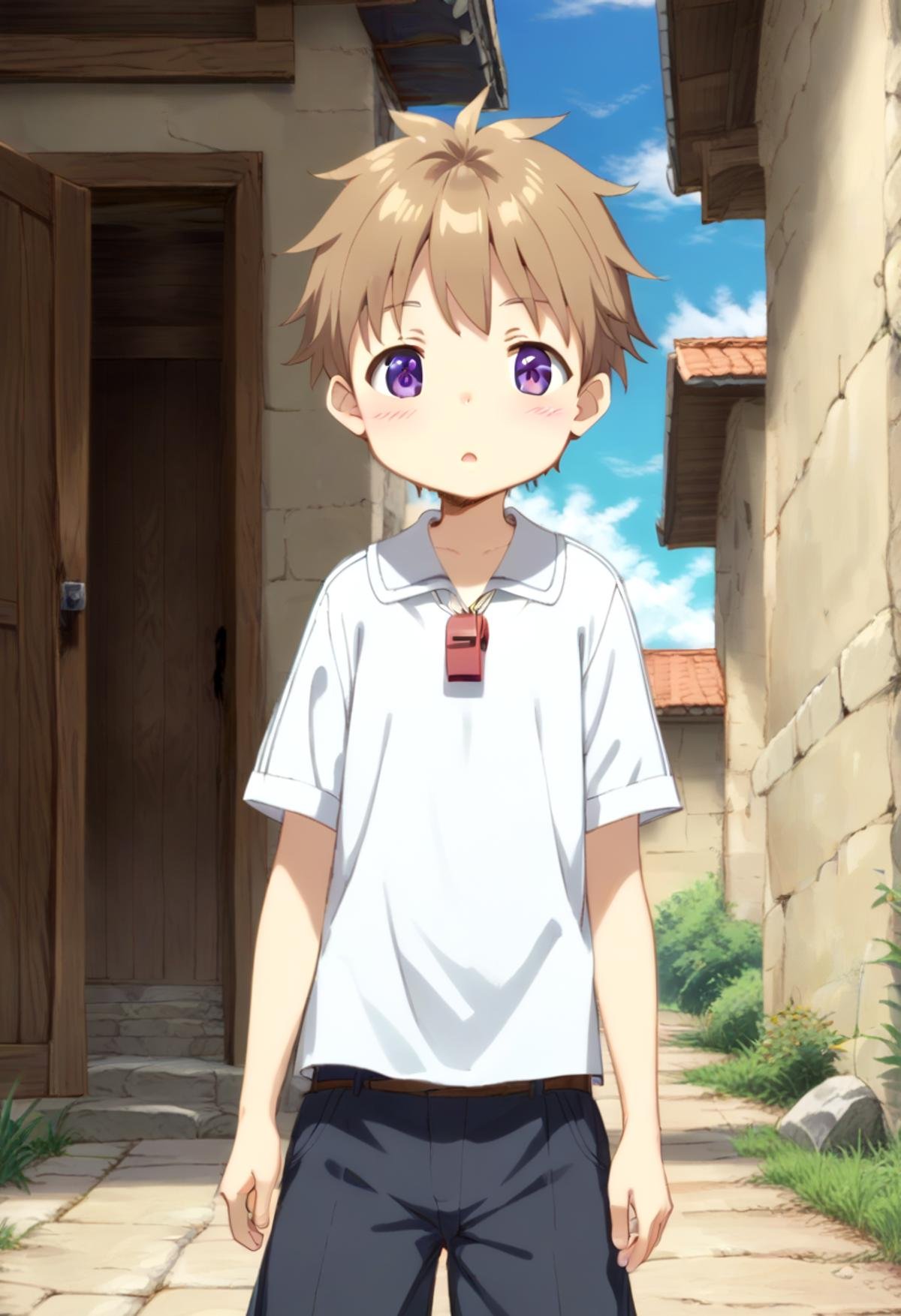 score_9, score_8_up, score_7_up, detailed eyes, BREAKstraight on shot, standing, <lora:natPony-000016:0.7>mia_nat, petite, aged down, child,one boy standing in a stone village.He has Brown hair and purple eyes. He wears a red whistle as a pendand around his neck,close up,