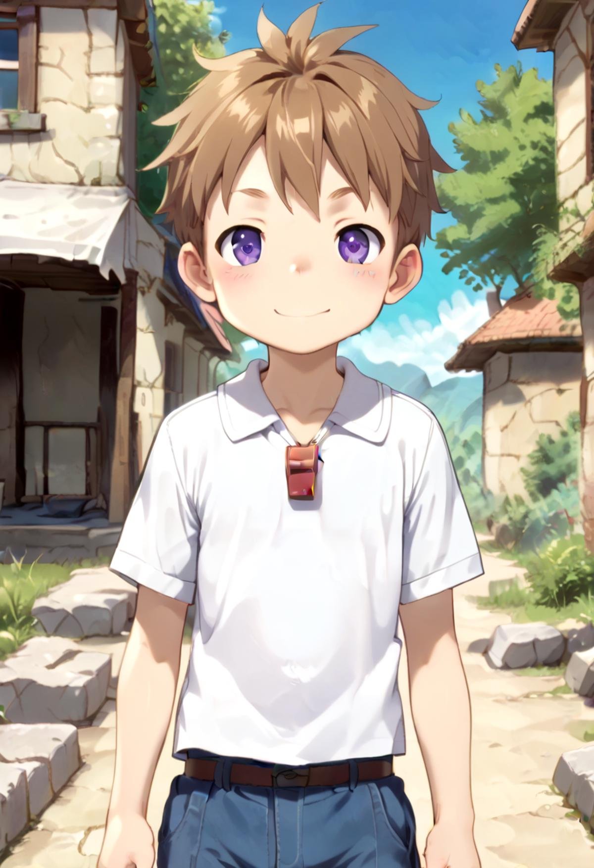 score_9, score_8_up, score_7_up, detailed eyes, BREAKstraight on shot, standing, <lora:natPony-000016:0.7>mia_nat, petite, aged down, child,one boy standing in a stone village.He has Brown hair and purple eyes.He wears a red whistle as a pendand around his neck,faint smile