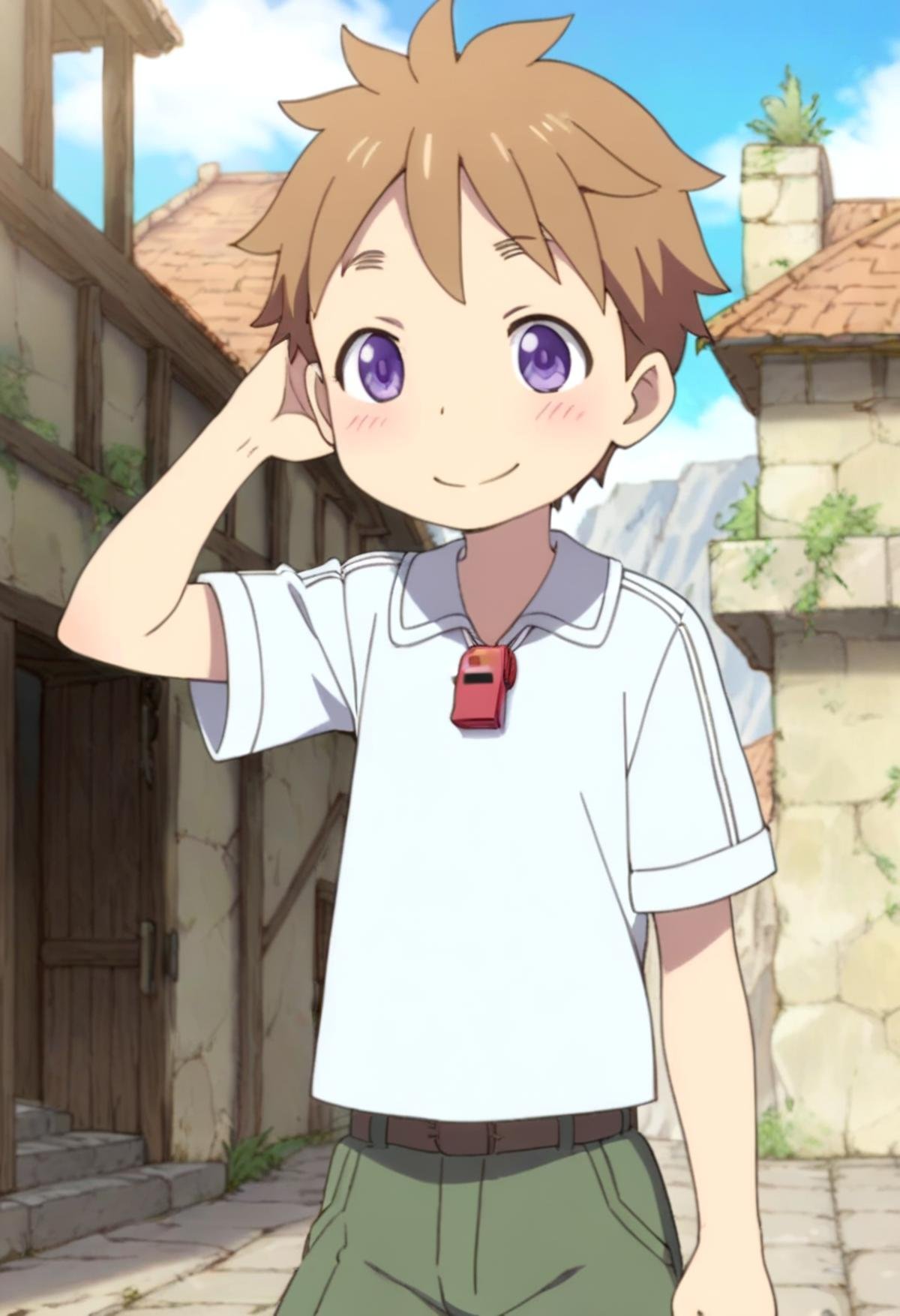 score_9, score_8_up, score_7_up, detailed eyes, BREAKstraight on shot, standing, <lora:natPony-000016:0.7>mia_nat, petite, aged down, child,one boy standing in a stone village.He has Brown hair and purple eyes. He wears a red whistle as a pendant around his neck,close up,faint smile