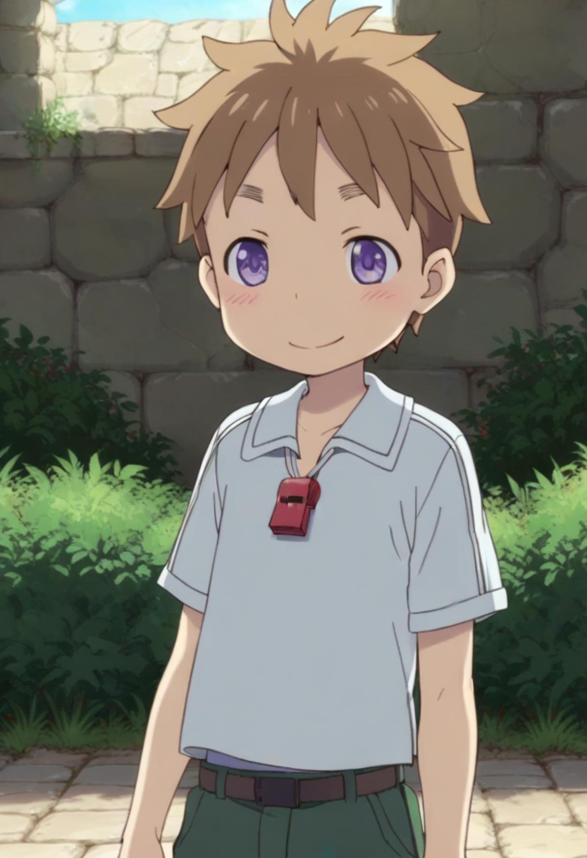 score_9, score_8_up, score_7_up, detailed eyes, BREAKstraight on shot, standing, <lora:natPony-000016:0.7>mia_nat, petite, aged down, child,one boy standing in a stone village.He has Brown hair and purple eyes. He wears a red whistle as a pendant around his neck,close up,faint smile