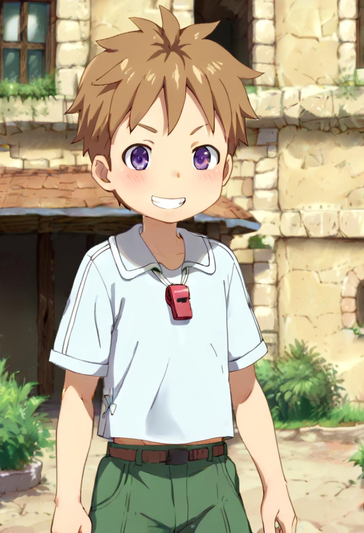 score_9, score_8_up, score_7_up, detailed eyes, BREAKstraight on shot, standing, <lora:natPony-000016:0.7>mia_nat, petite, aged down, child,one boy standing in a stone village.He has Brown hair and purple eyes. He wears a red whistle as a pendand around his neck,close up,grin