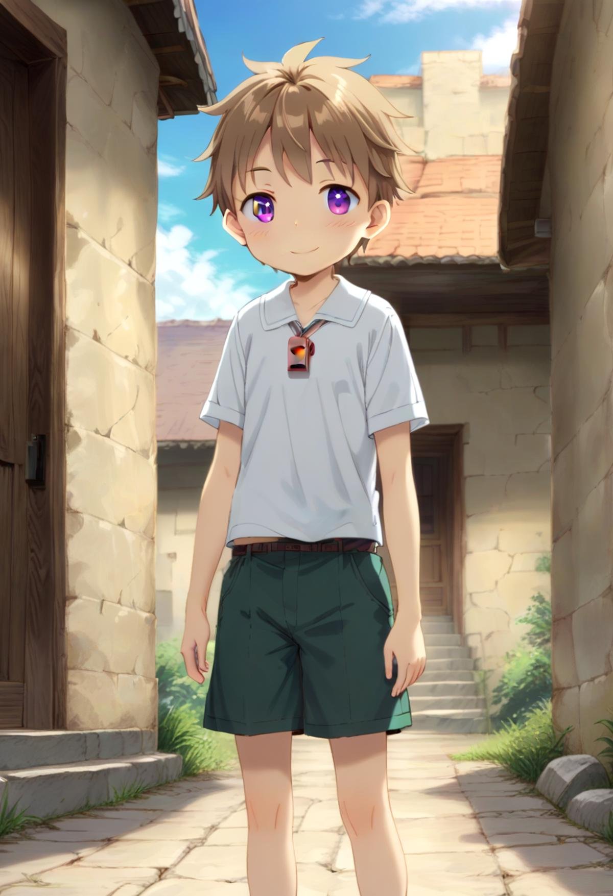 score_9, score_8_up, score_7_up, detailed eyes, BREAKstraight on shot, standing, <lora:natPony-000016:0.7>mia_nat, petite, aged down, child,one boy standing in a stone village.He has Brown hair and purple eyes.He wears a red whistle as a pendand around his neck,smile