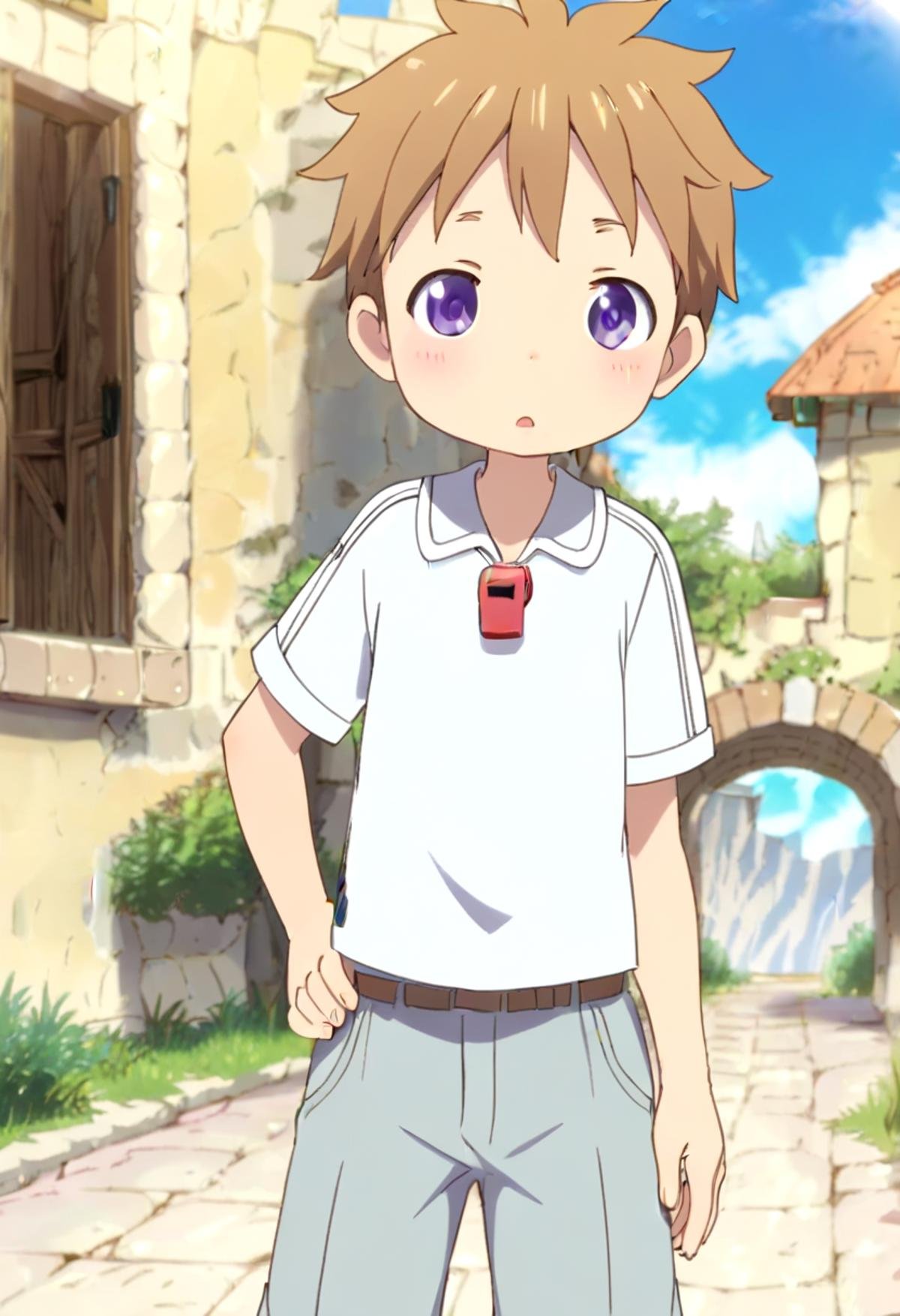 score_9, score_8_up, score_7_up, detailed eyes, BREAKstraight on shot, standing, <lora:natPony-000016:0.7>mia_nat, petite, aged down, child,one boy standing in a stone village.He has Brown hair and purple eyes. He wears a red whistle as a pendant around his neck,close up,