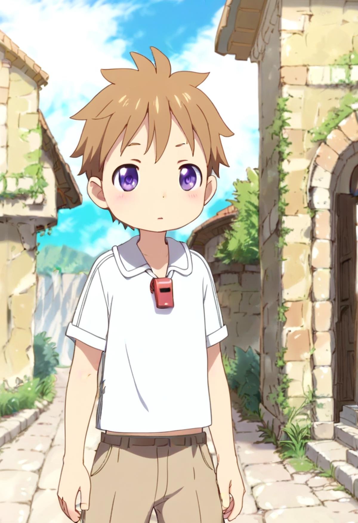 score_9, score_8_up, score_7_up, detailed eyes, BREAKstraight on shot, standing, <lora:natPony-000016:0.7>mia_nat, petite, aged down, child,one boy standing in a stone village.He has Brown hair and purple eyes. He wears a red whistle as a pendant around his neck,close up,