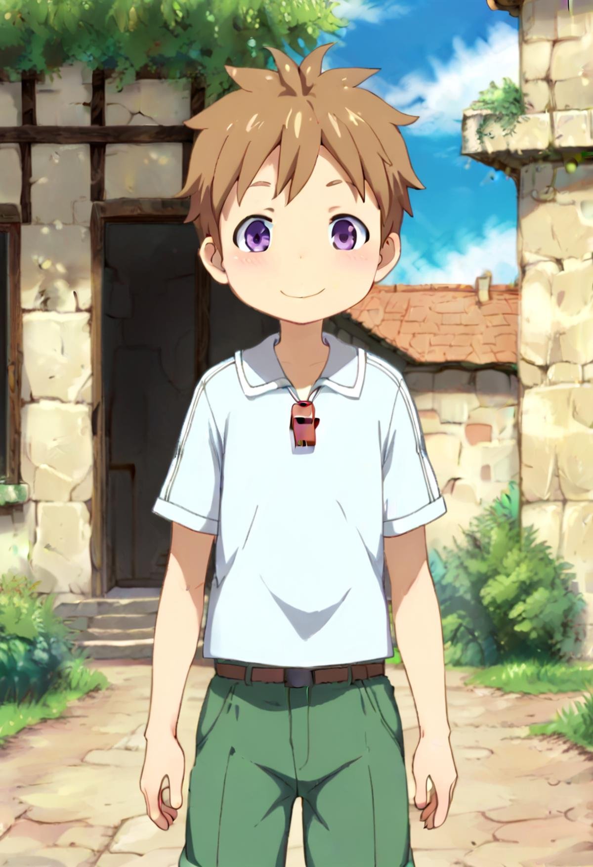 score_9, score_8_up, score_7_up, detailed eyes, BREAKstraight on shot, standing, <lora:natPony-000016:0.7>mia_nat, petite, aged down, child,one boy standing in a stone village.He has Brown hair and purple eyes. He wears a red whistle as a pendand around his neck,close up,smile