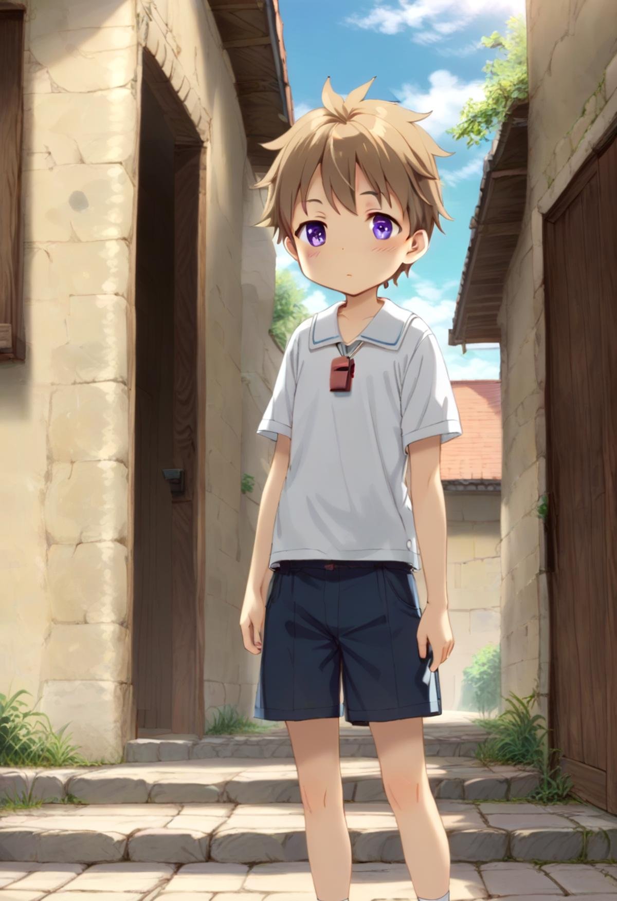 score_9, score_8_up, score_7_up, detailed eyes, BREAKstraight on shot, standing, <lora:natPony-000016:0.7>mia_nat, petite, aged down, child,one boy standing in a stone village.He has Brown hair and purple eyes.He wears a red whistle as a pendand around his neck,