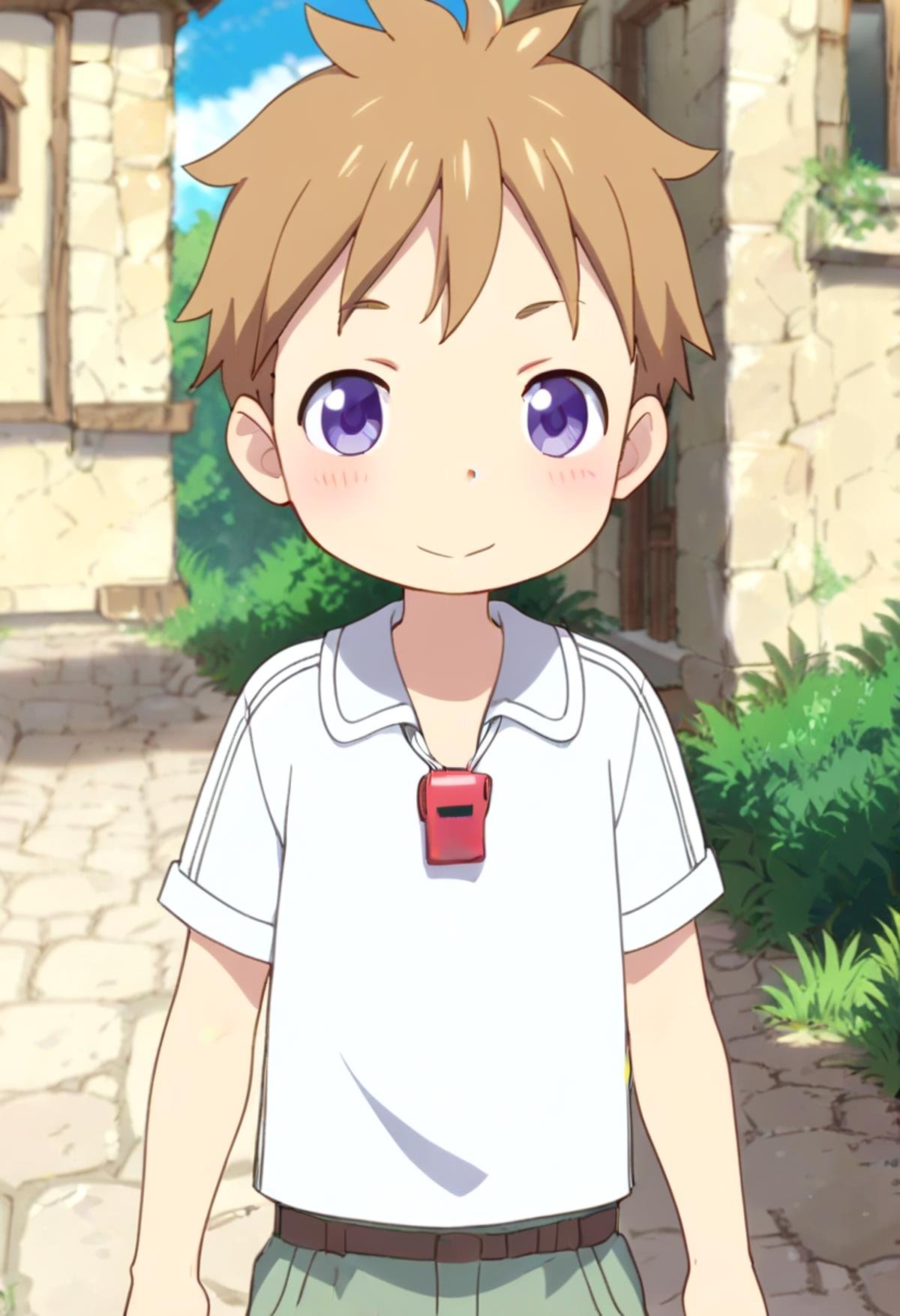 score_9, score_8_up, score_7_up, detailed eyes, BREAKstraight on shot, standing, <lora:natPony-000016:0.7>mia_nat, petite, aged down, child,one boy standing in a stone village.He has Brown hair and purple eyes. He wears a red whistle as a pendant around his neck,close up,faint smile