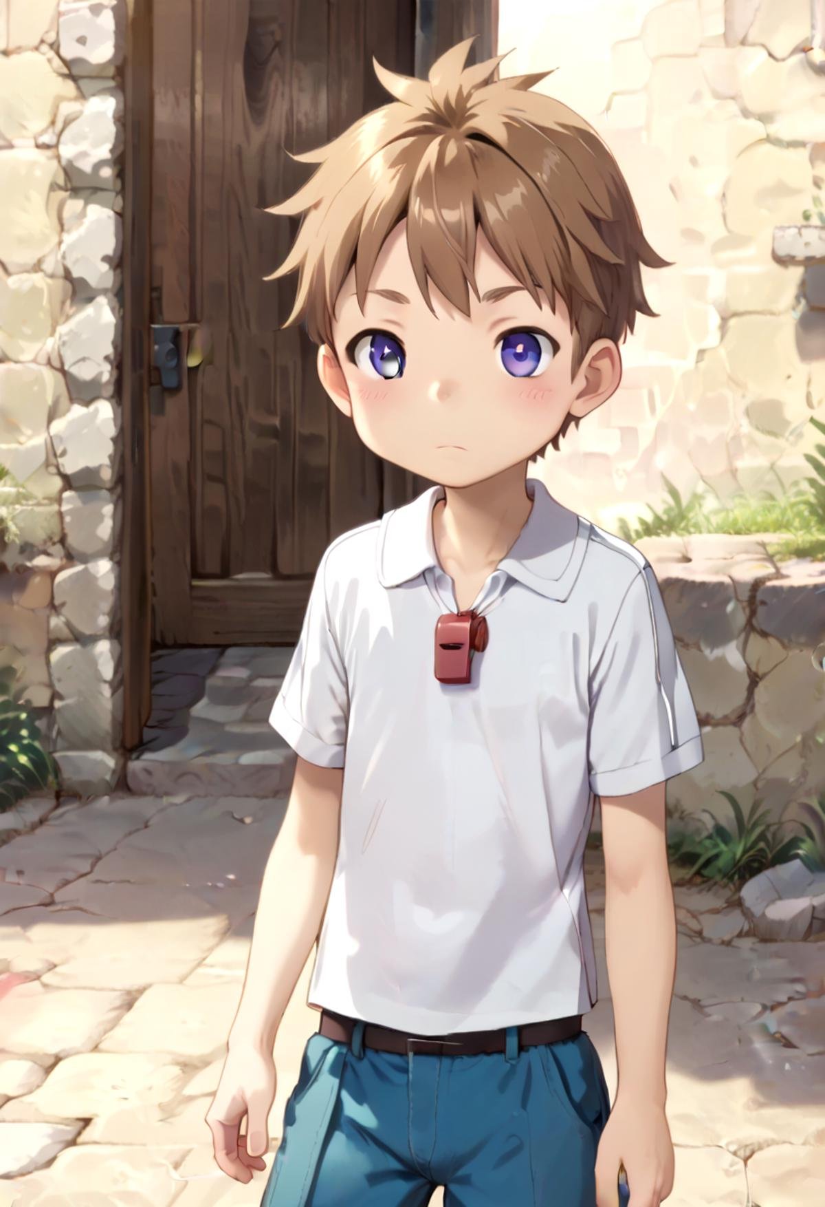 score_9, score_8_up, score_7_up, detailed eyes, BREAKstraight on shot, standing, <lora:natPony-000016:0.7>mia_nat, petite, aged down, child,one boy standing in a stone village.He has Brown hair and purple eyes.He wears a red whistle as a pendand around his neck