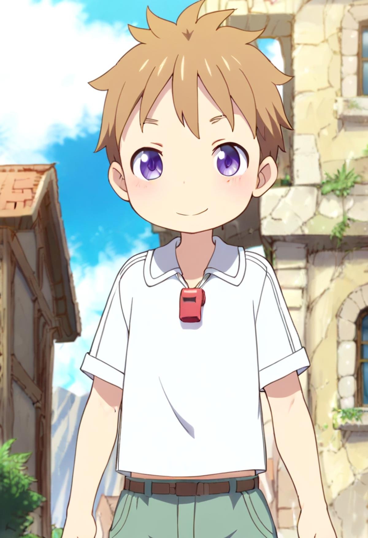 score_9, score_8_up, score_7_up, detailed eyes, BREAKstraight on shot, standing, <lora:natPony-000016:0.7>mia_nat, petite, aged down, child,one boy standing in a stone village.He has Brown hair and purple eyes. He wears a red whistle as a pendant around his neck,close up,faint smile