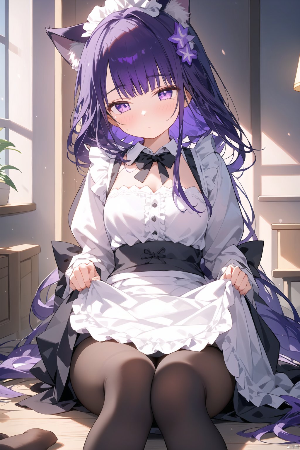 1girl, solo, animal ears, purple eyes, no shoes, maid, purple hair, feet, soles, tail, long hair, cat ears, maid headdress, pantyhose, apron, cat tail, raiden shogun, looking at viewer, dress, white pantyhose, maid apron, toes, bangs, foot focus, frills, white apron, black dress, skirt hold, blush, long sleeves, cat girl, lifted by self, clothes lift, enmaided, indoors, alternate costume, mole under eye, very long hair, window, frilled apron, puffy sleeves, foreshortening, hair ornament, animal ear fluff, blunt bangs