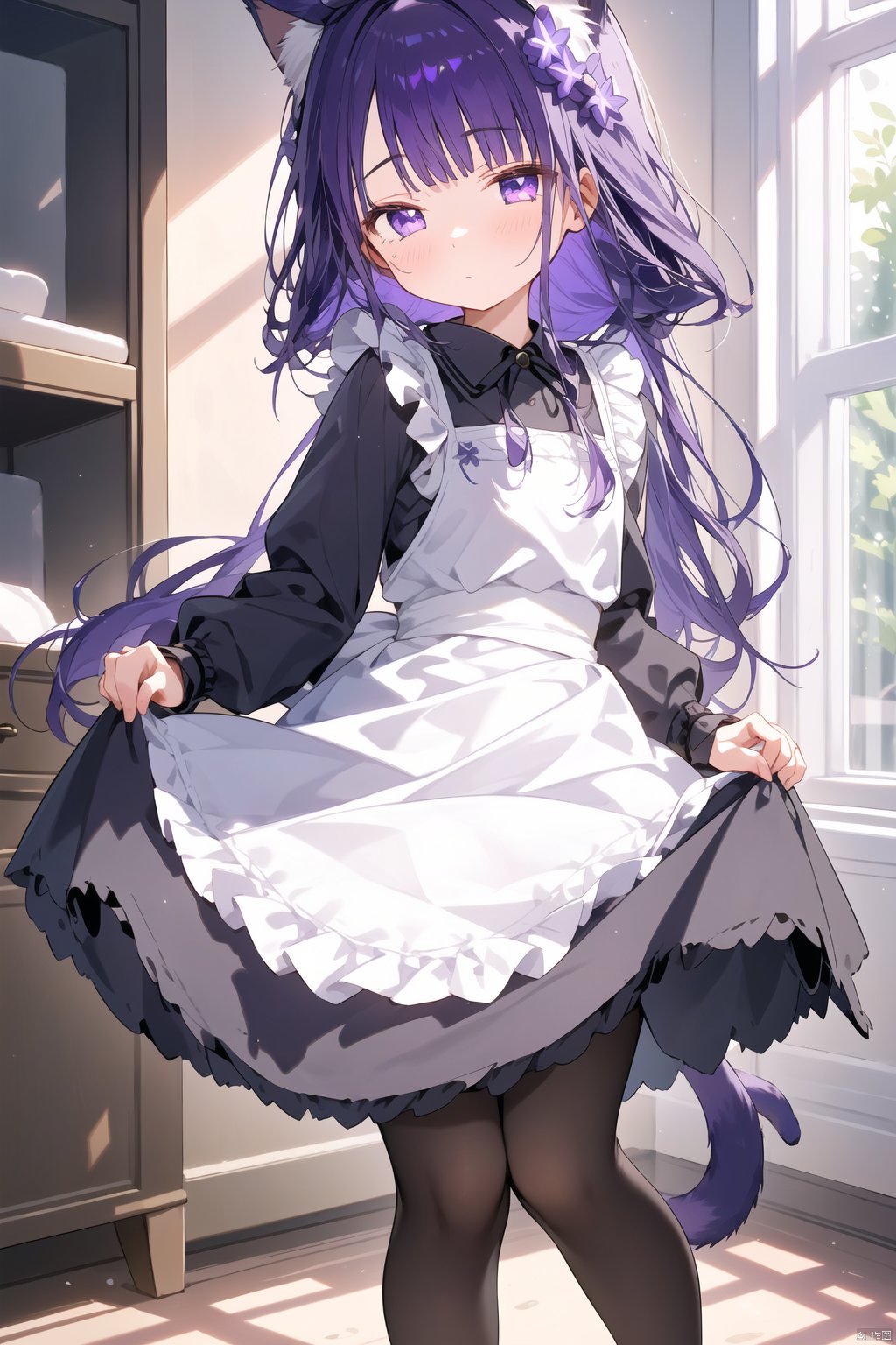 1girl, solo, animal ears, purple eyes, no shoes, maid, purple hair, feet, soles, tail, long hair, cat ears, maid headdress, pantyhose, apron, cat tail, raiden shogun, looking at viewer, dress, white pantyhose, maid apron, toes, bangs, foot focus, frills, white apron, black dress, skirt hold, blush, long sleeves, cat girl, lifted by self, clothes lift, enmaided, indoors, alternate costume, mole under eye, very long hair, window, frilled apron, puffy sleeves, foreshortening, hair ornament, animal ear fluff, blunt bangs,(petite, loli :1.4),