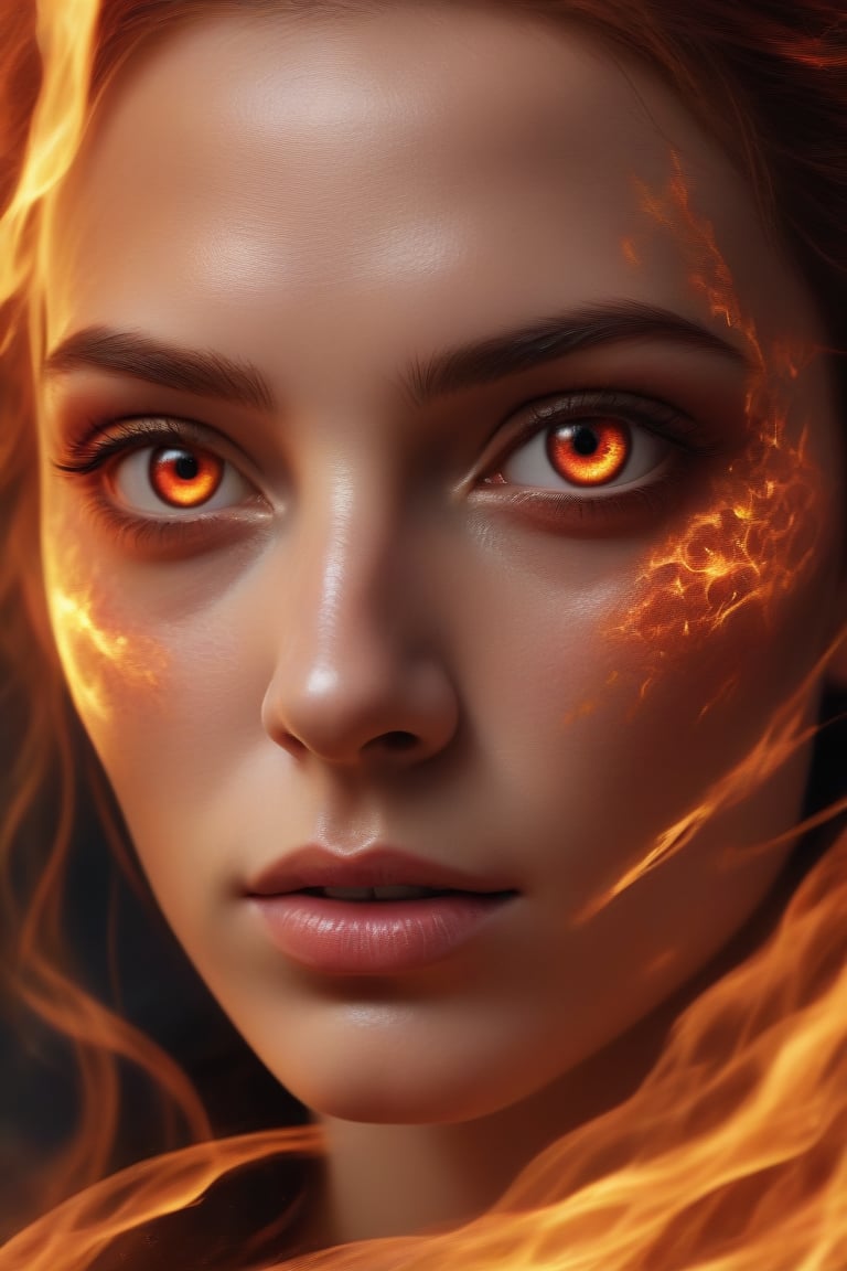 RAW photo of an (Swedish model:1.3). Woman, 24 years old, a macro-close-up of a woman's face with fire on her face, half of the face, fire in eyes, bright fire eyes, fire eyes, fiery eyes, red fire eyes, (cheekbones), fiery hair, thin nose, great digital art with details, face melting into the universe, fire particles in front, fire through eyes, highly detailed vfx portrait, glowing ember eyes, cinematic digital art, fire particles, fiery scorching red eyes.