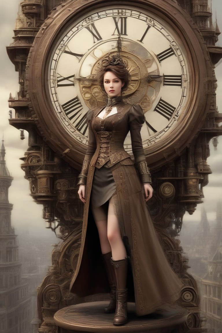 high quality, 8K Ultra HD, Steampunk Time Voyager, Embark on a thrilling journey through time in a steampunk-infused world, where past and future intertwine in perfect unison. This intricate digital art piece captures the essence of a daring time voyager exploring a Victorian-era metropolis with a steampunk twist, The protagonist, a courageous young woman adorned in a blend of vintage and futuristic attire, stands atop a colossal clock tower adorned with ornate cogs and gears, Airships gracefully traverse the skies, propelled by precise mechanical propellers, The city's architecture harmoniously blends classic Victorian elegance with intricate steampunk machinery, resulting in a visually captivating juxtaposition, Rich sepia tones and metallic hues evoke a sense of depth and nostalgic allure, by yukisakura, high detailed,