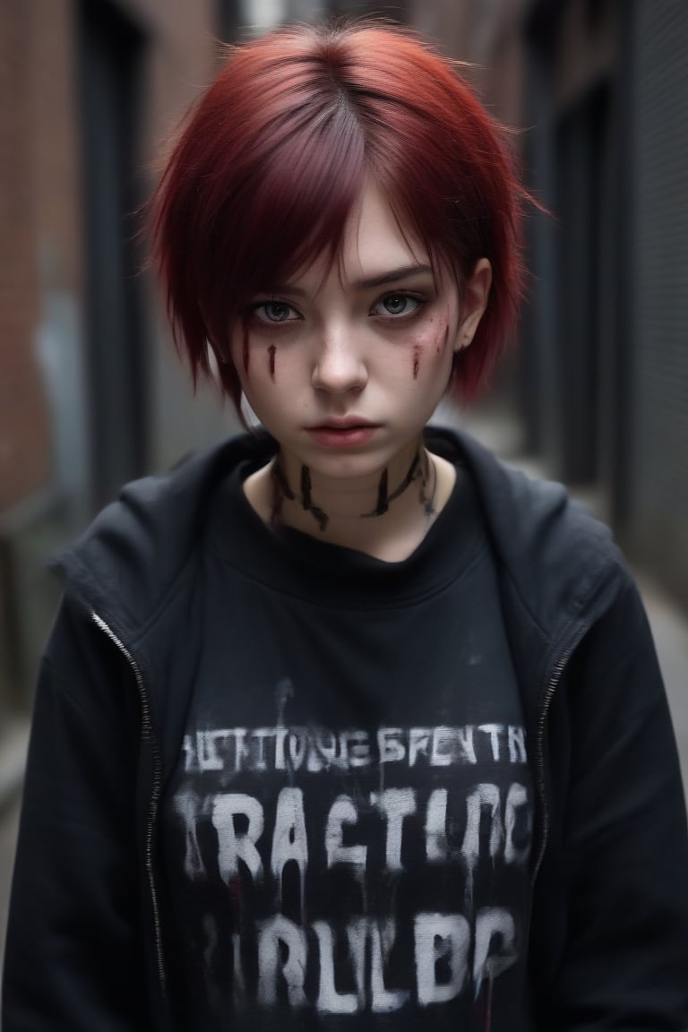 teenage girl on a bacstreet alley, teary eyes, teenage outfit, black and red hair, serious fashion style, dark theme style, punk style, short hair, black background, black paint dripping heavily from eyes and mouth