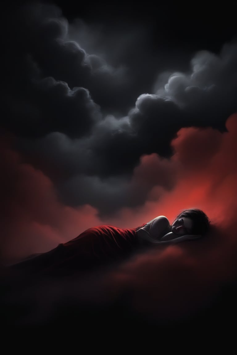 Silhouette, a girl sleeping in the clouds, moody sad dark atmosphere, black background, dark paintbrush, Red over black, 2D