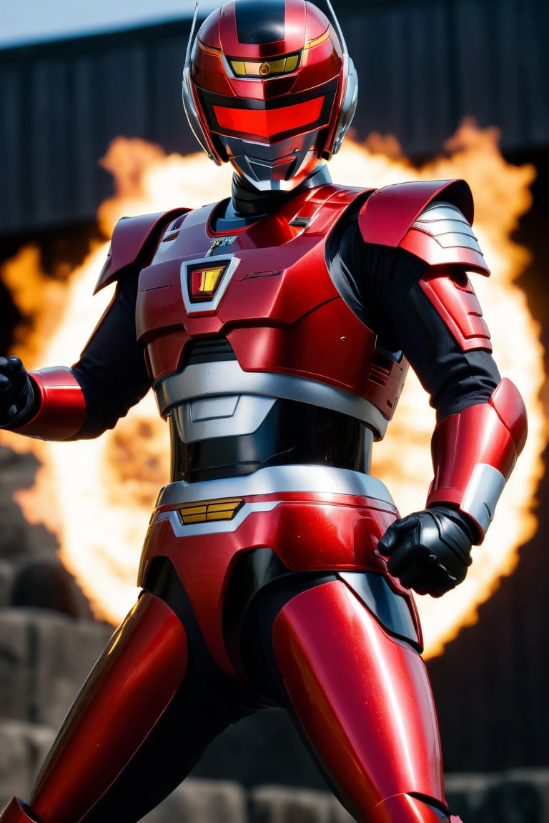 In a dynamic medium shot (1.3), the solo figure of Uchuukeiji stands out against a dark background with a wide-angle lens. He wears a suit of armor adorned with red accents, his helmet gleaming in high contrast to his black attire. In a powerful action pose, he gazes directly at the viewer (1.3) with an intense expression, his eyes burning with a fiery passion. The ultra-detailed 8K masterclass image is rendered with sharp focus, showcasing every detail of this tokusatsu hero's heroic stance.