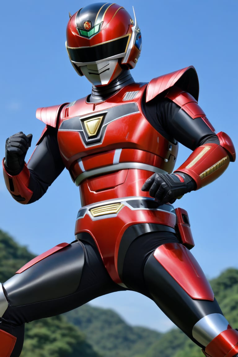 1man, solo, helmet, armor, red color, black color, action_pose, dynamic pose, tokusatsu, (8K, ultra-detailed, masterpiece, best quality, detailed, highly detailed, sharp focus) , (medium shot:1.3), (wide angle), (look at viewer:1.3),More Detail, ,uchuukeiji