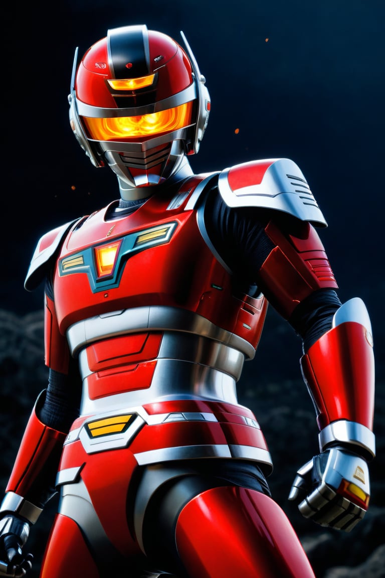 In a dynamic medium shot (1.3), the solo figure of Uchuukeiji stands out against a dark background with a wide-angle lens. He wears a suit of armor adorned with red accents, his helmet gleaming in high contrast to his black attire. In a powerful action pose, he gazes directly at the viewer (1.3) with an intense expression, his eyes burning with a fiery passion. The ultra-detailed 8K masterclass image is rendered with sharp focus, showcasing every detail of this tokusatsu hero's heroic stance.