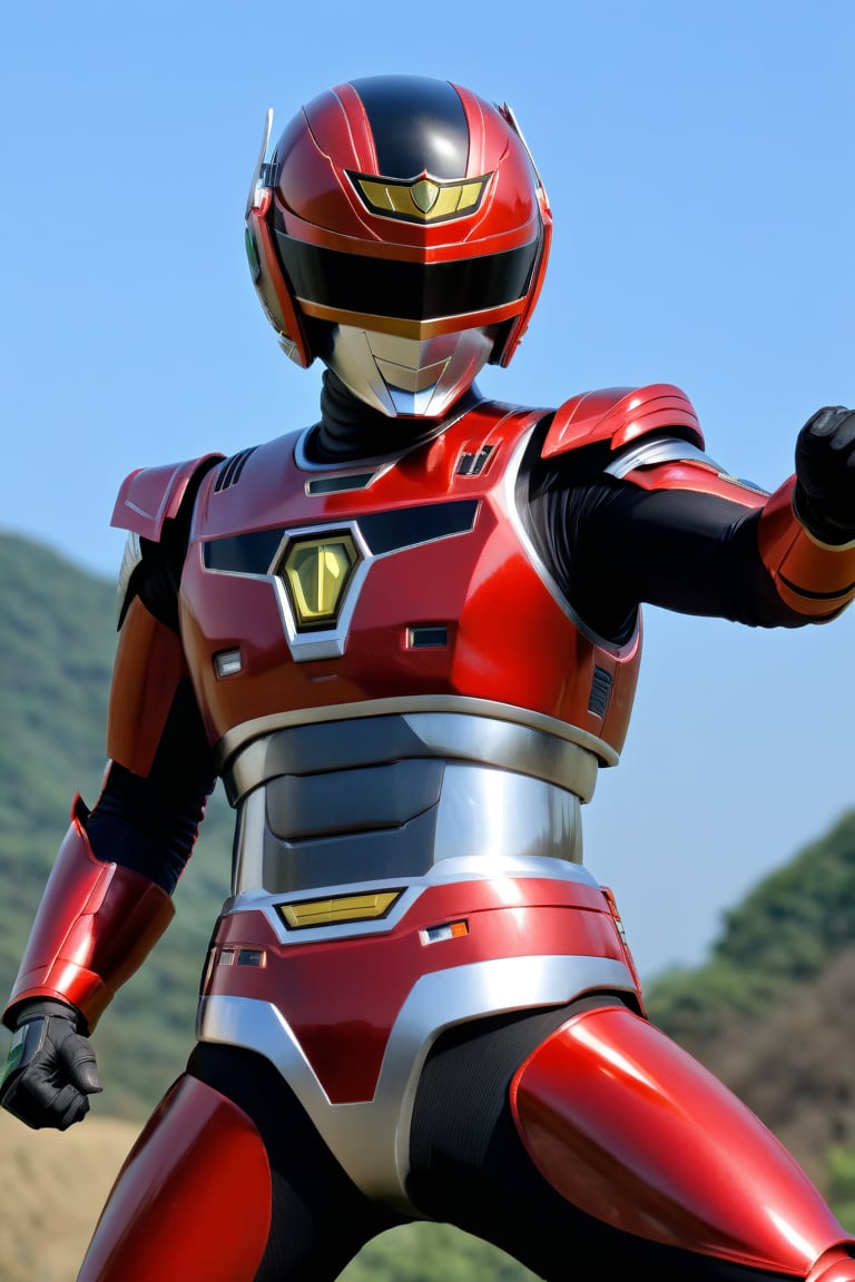 1man, solo, helmet, armor, red color, black color, action_pose, dynamic pose, tokusatsu, (8K, ultra-detailed, masterpiece, best quality, detailed, highly detailed, sharp focus) , (medium shot:1.3), (wide angle), (look at viewer:1.3),More Detail, ,uchuukeiji