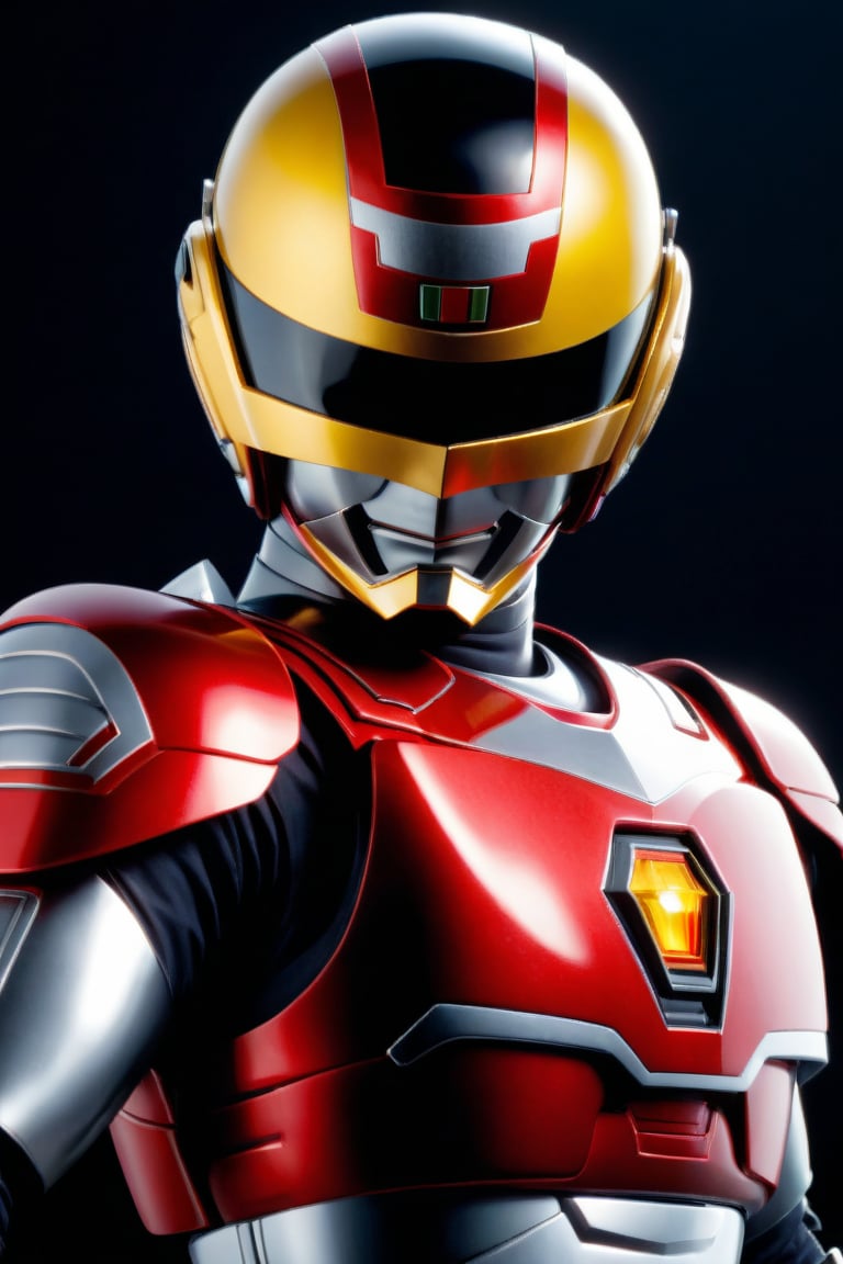  In a dynamic medium shot (1.3), the solo figure of Uchuukeiji stands out against a dark background with a wide-angle lens. He wears a suit of armor adorned with red accents, his helmet gleaming in high contrast to his black attire. In a powerful action pose, he gazes directly at the viewer (1.3) with an intense expression, his eyes burning with a fiery passion. The ultra-detailed 8K masterclass image is rendered with sharp focus, showcasing every detail of this tokusatsu hero's heroic stance.,uchuukeiji