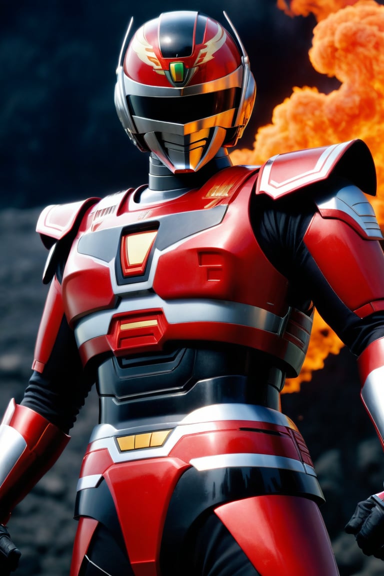  In a dynamic medium shot (1.3), the solo figure of Uchuukeiji stands out against a dark background with a wide-angle lens. He wears a suit of armor adorned with red accents, his helmet gleaming in high contrast to his black attire. In a powerful action pose, he gazes directly at the viewer (1.3) with an intense expression, his eyes burning with a fiery passion. The ultra-detailed 8K masterclass image is rendered with sharp focus, showcasing every detail of this tokusatsu hero's heroic stance.,uchuukeiji