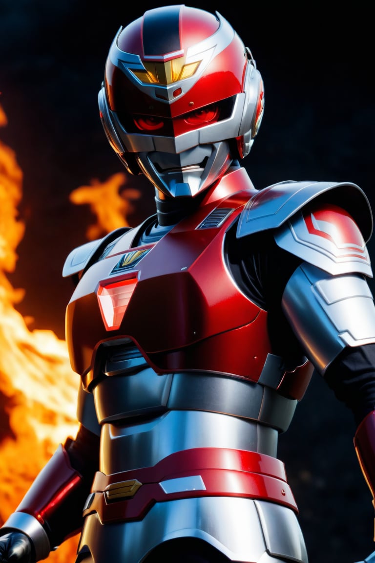  In a dynamic medium shot (1.3), the solo figure of Uchuukeiji stands out against a dark background with a wide-angle lens. He wears a suit of armor adorned with red accents, his helmet gleaming in high contrast to his black attire. In a powerful action pose, he gazes directly at the viewer (1.3) with an intense expression, his eyes burning with a fiery passion. The ultra-detailed 8K masterclass image is rendered with sharp focus, showcasing every detail of this tokusatsu hero's heroic stance.,uchuukeiji