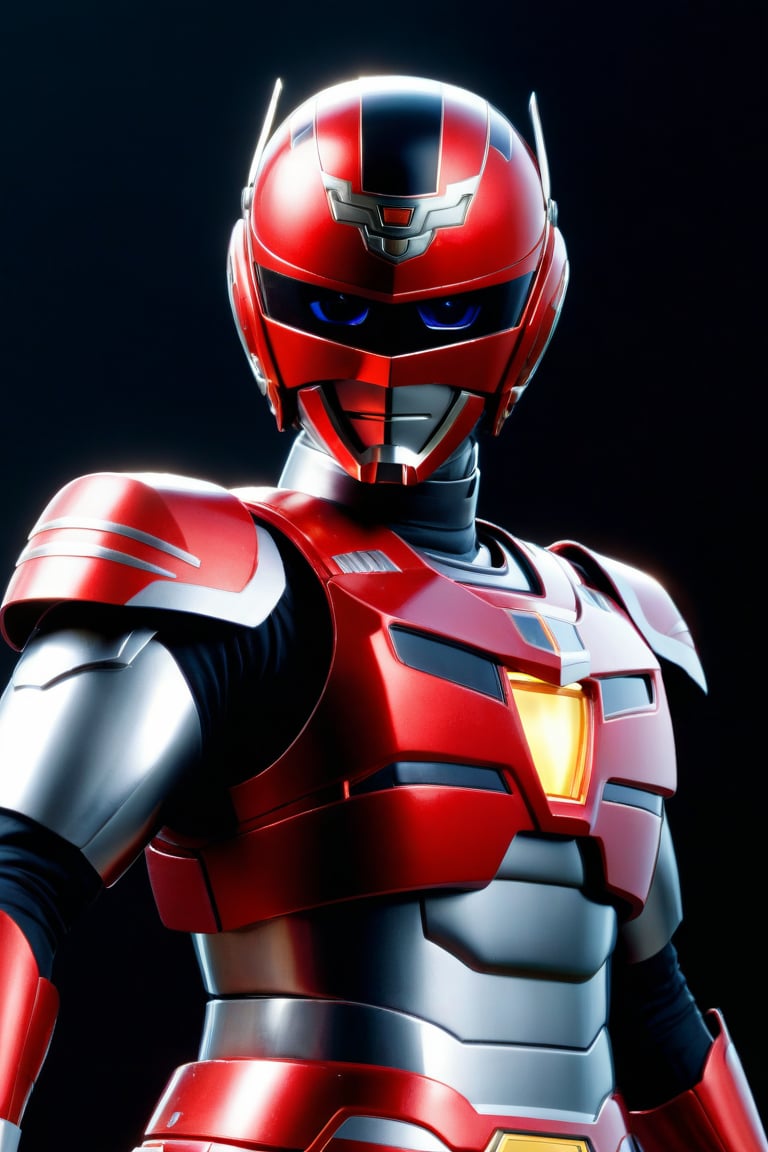  In a dynamic medium shot (1.3), the solo figure of Uchuukeiji stands out against a dark background with a wide-angle lens. He wears a suit of armor adorned with red accents, his helmet gleaming in high contrast to his black attire. In a powerful action pose, he gazes directly at the viewer (1.3) with an intense expression, his eyes burning with a fiery passion. The ultra-detailed 8K masterclass image is rendered with sharp focus, showcasing every detail of this tokusatsu hero's heroic stance.,uchuukeiji