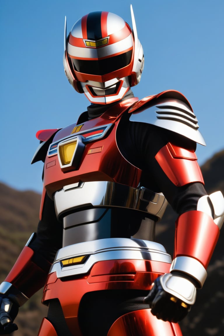  In a dynamic medium shot (1.3), the solo figure of Uchuukeiji stands out against a dark background with a wide-angle lens. He wears a suit of armor adorned with silver accents, his helmet gleaming in high contrast to his black attire. In a powerful action pose, he gazes directly at the viewer (1.3) with an intense expression, his eyes burning with a fiery passion. The ultra-detailed 8K masterclass image is rendered with sharp focus, showcasing every detail of this tokusatsu hero's heroic stance.,uchuukeiji