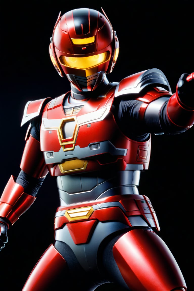  In a dynamic medium shot (1.3), the solo figure of Uchuukeiji stands out against a dark background with a wide-angle lens. He wears a suit of armor adorned with red accents, his helmet gleaming in high contrast to his black attire. In a powerful action pose, he gazes directly at the viewer (1.3) with an intense expression, his eyes burning with a fiery passion. The ultra-detailed 8K masterclass image is rendered with sharp focus, showcasing every detail of this tokusatsu hero's heroic stance.